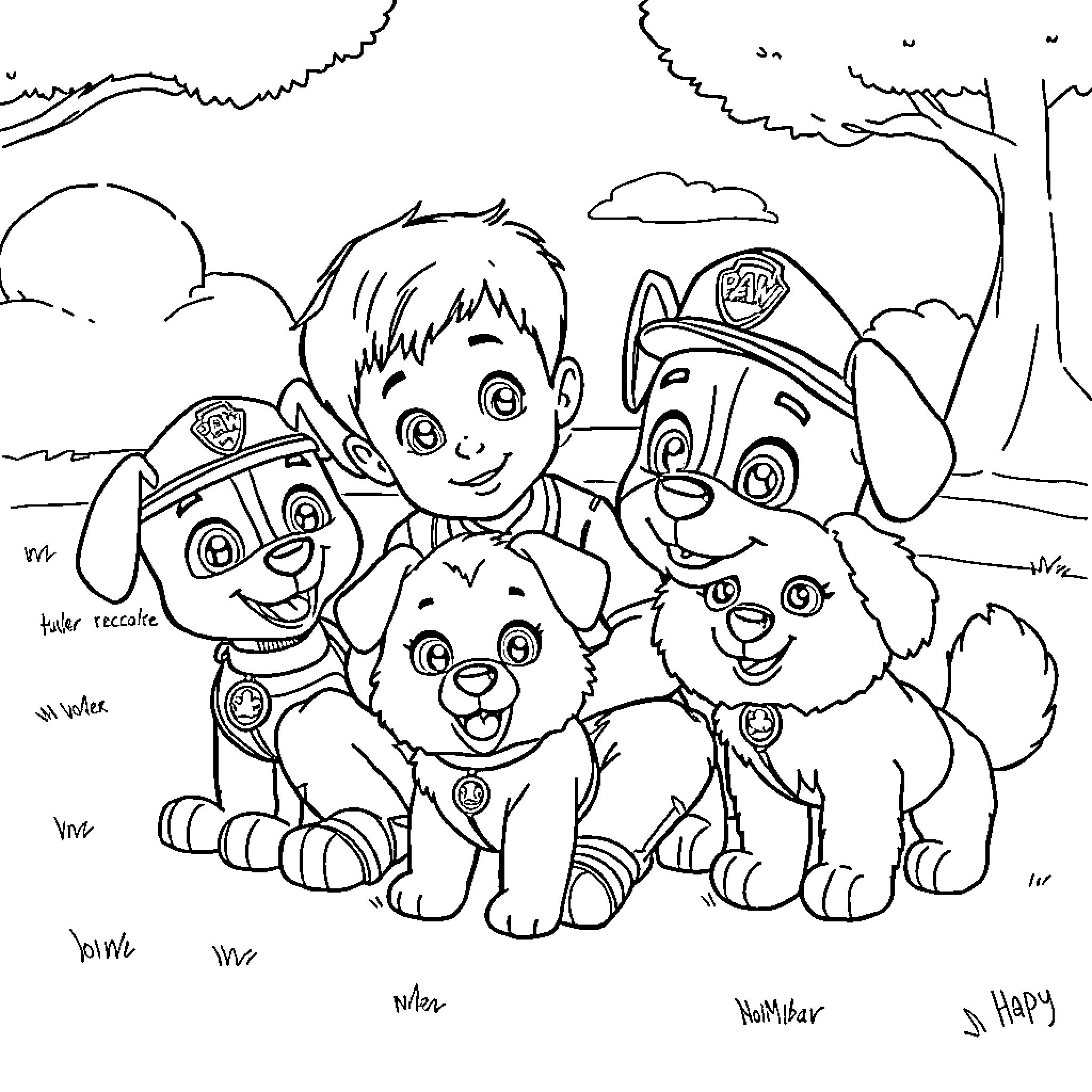 Paw Patrol characters in an outdoor scene Coloring Page (free black-and-white line drawing printable PDF for all, from beginners to advanced learners, including children, teens, adults, and seniors)