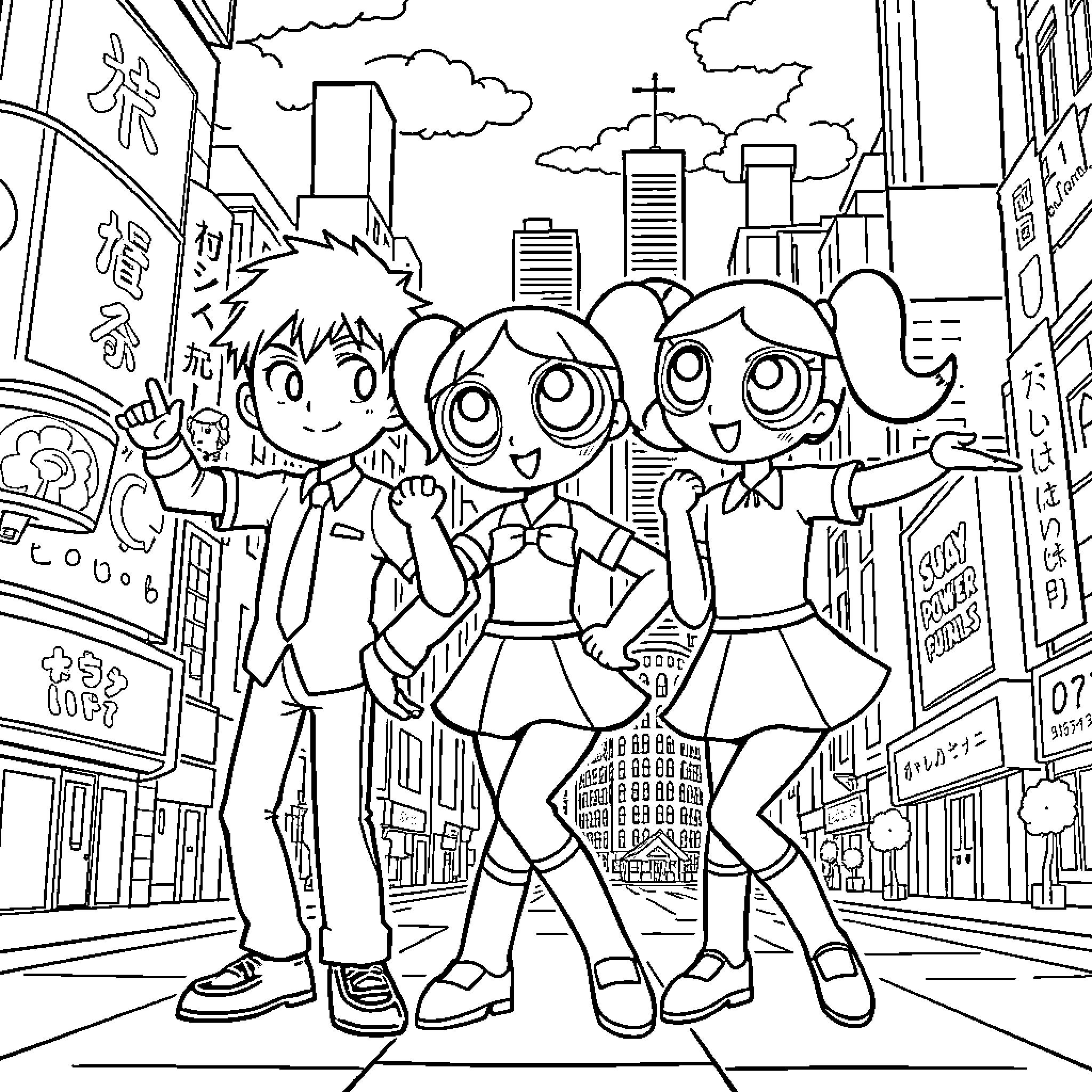 Powerpuff Girls exploring the city streets Coloring Page (free black-and-white line drawing printable PDF for all, from beginners to advanced learners, including children, teens, adults, and seniors)