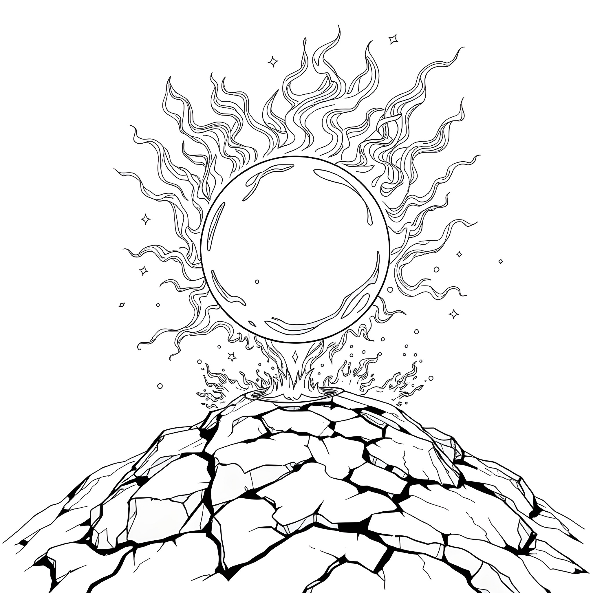 Ball of energy bursting forth from a rocky surface Coloring Page (free black-and-white line drawing printable PDF for all, from beginners to advanced learners, including children, teens, adults, and seniors)