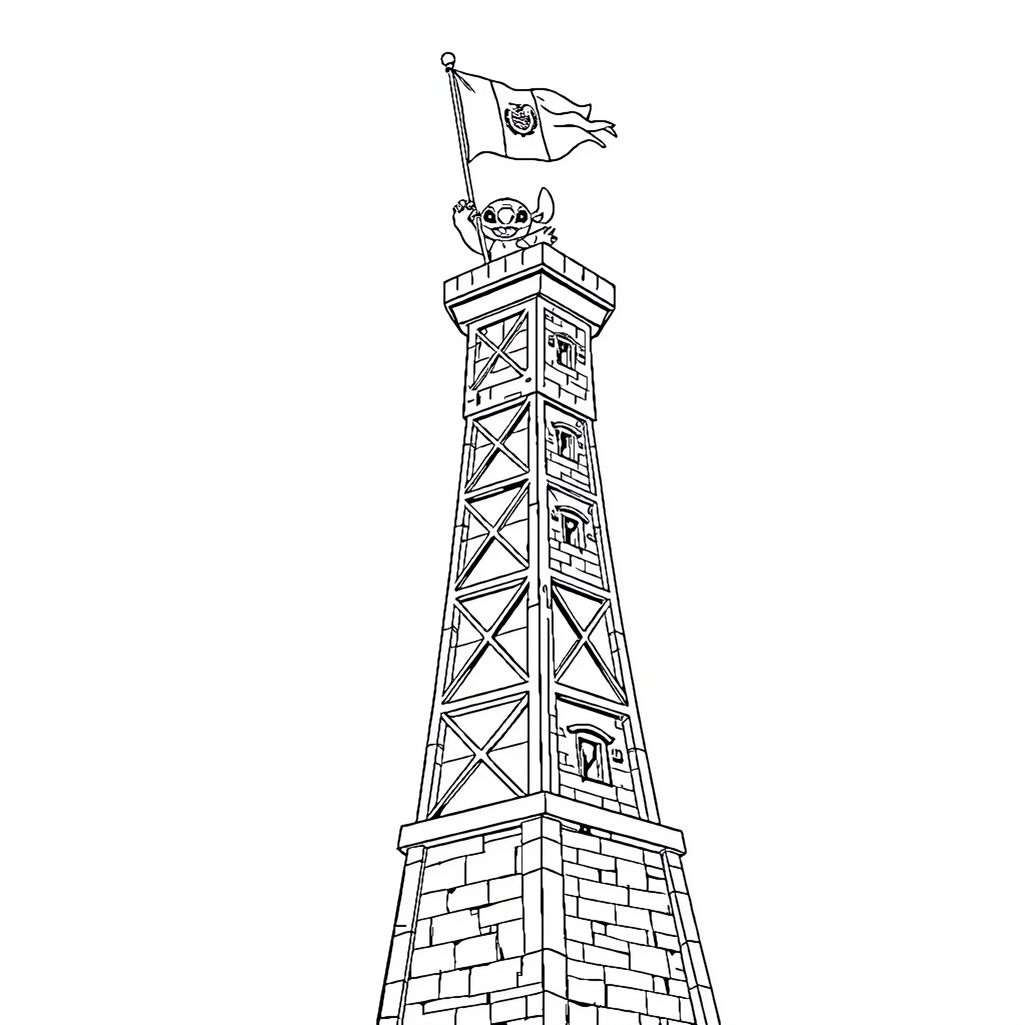 Tower with a waving flag on top Coloring Page (free black-and-white line drawing printable PDF for all, from beginners to advanced learners, including children, teens, adults, and seniors)