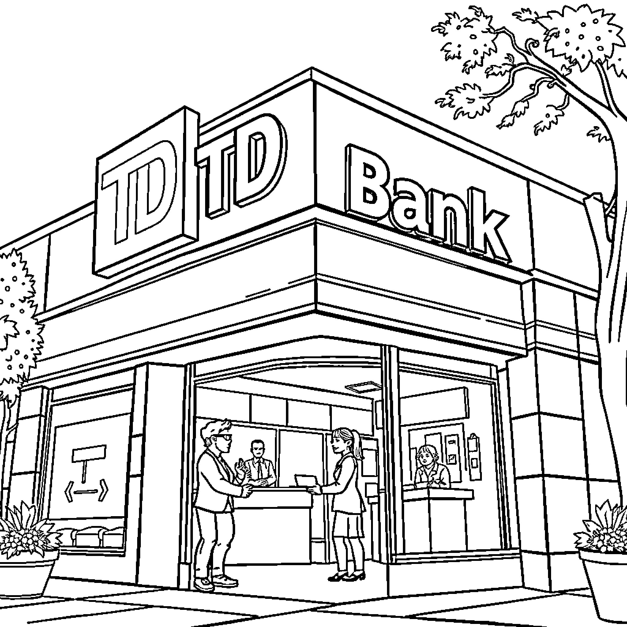 Bank building with customers inside Coloring Page (free black-and-white line drawing printable PDF for all, from beginners to advanced learners, including children, teens, adults, and seniors)