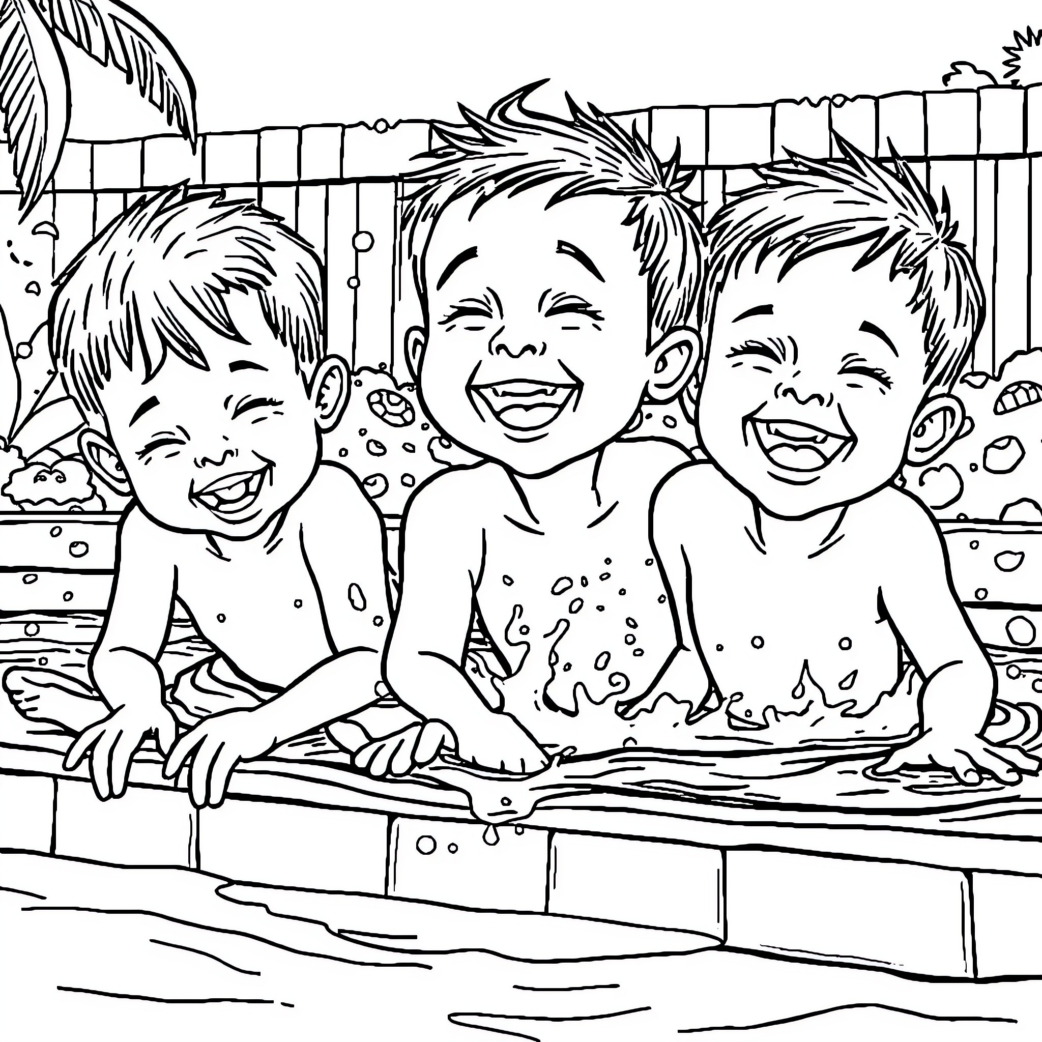 Boy Playing Happily in Swimming Pool with Friends Coloring Page (free black-and-white line drawing printable PDF for all, from beginners to advanced learners, including children, teens, adults, and seniors)