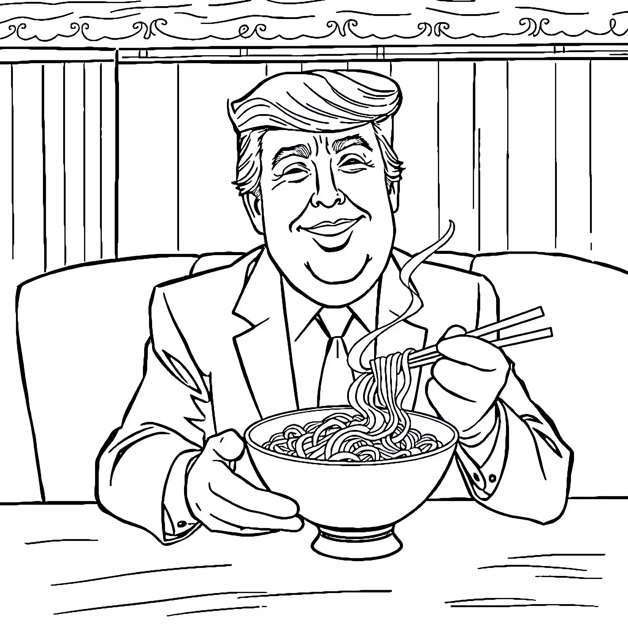 Donald Trump Enjoying a Bowl of Noodles Coloring Page (free black-and-white line drawing printable PDF for all, from beginners to advanced learners, including children, teens, adults, and seniors)