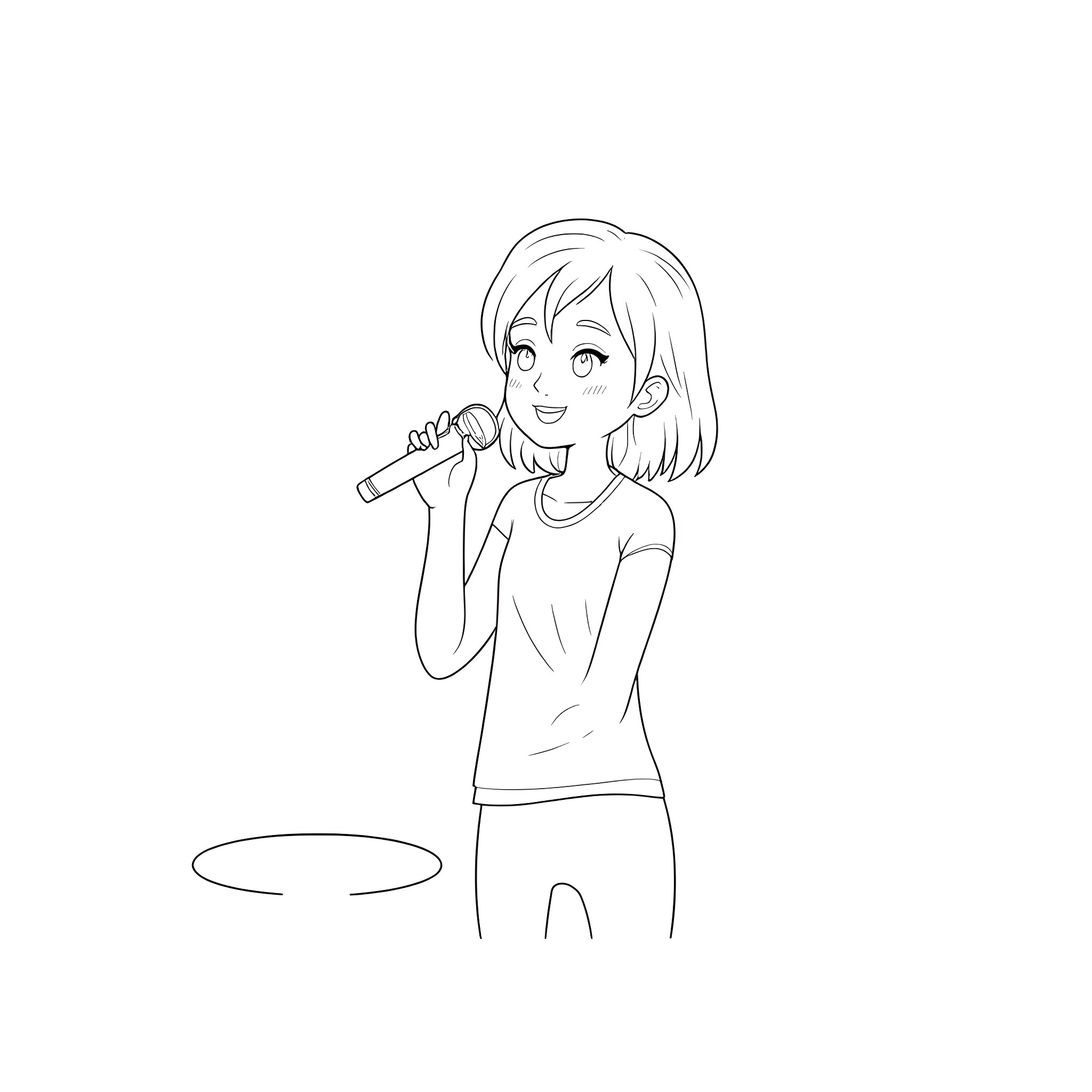 Girl singing with a microphone Coloring Page (free black-and-white line drawing printable PDF for all, from beginners to advanced learners, including children, teens, adults, and seniors)
