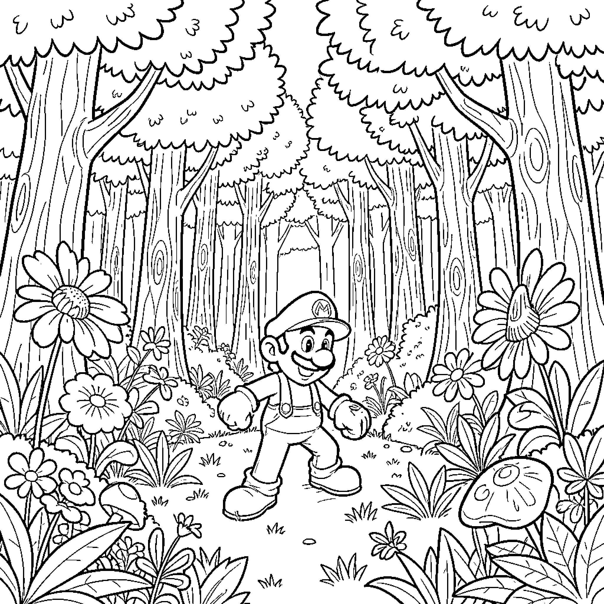 Mario's adventure in the magical forest Coloring Page (free black-and-white line drawing printable PDF for all, from beginners to advanced learners, including children, teens, adults, and seniors)