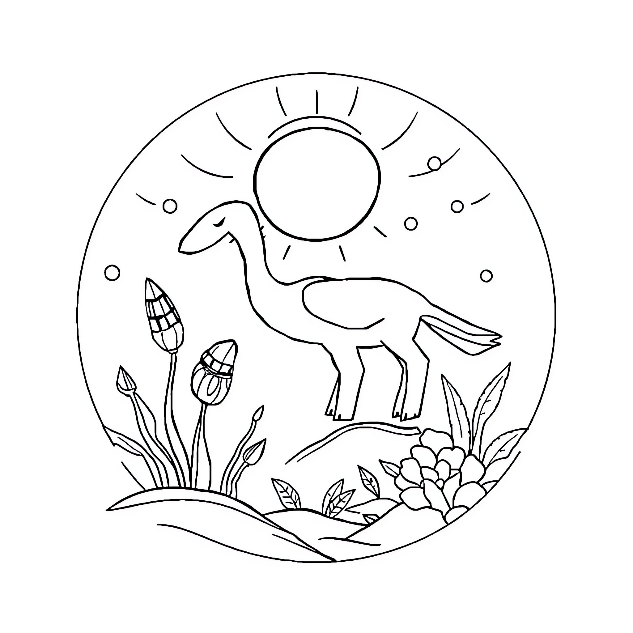 Creation of a Prehistoric Scene with Sun and Flora Coloring Page (free black-and-white line drawing printable PDF for all, from beginners to advanced learners, including children, teens, adults, and seniors)