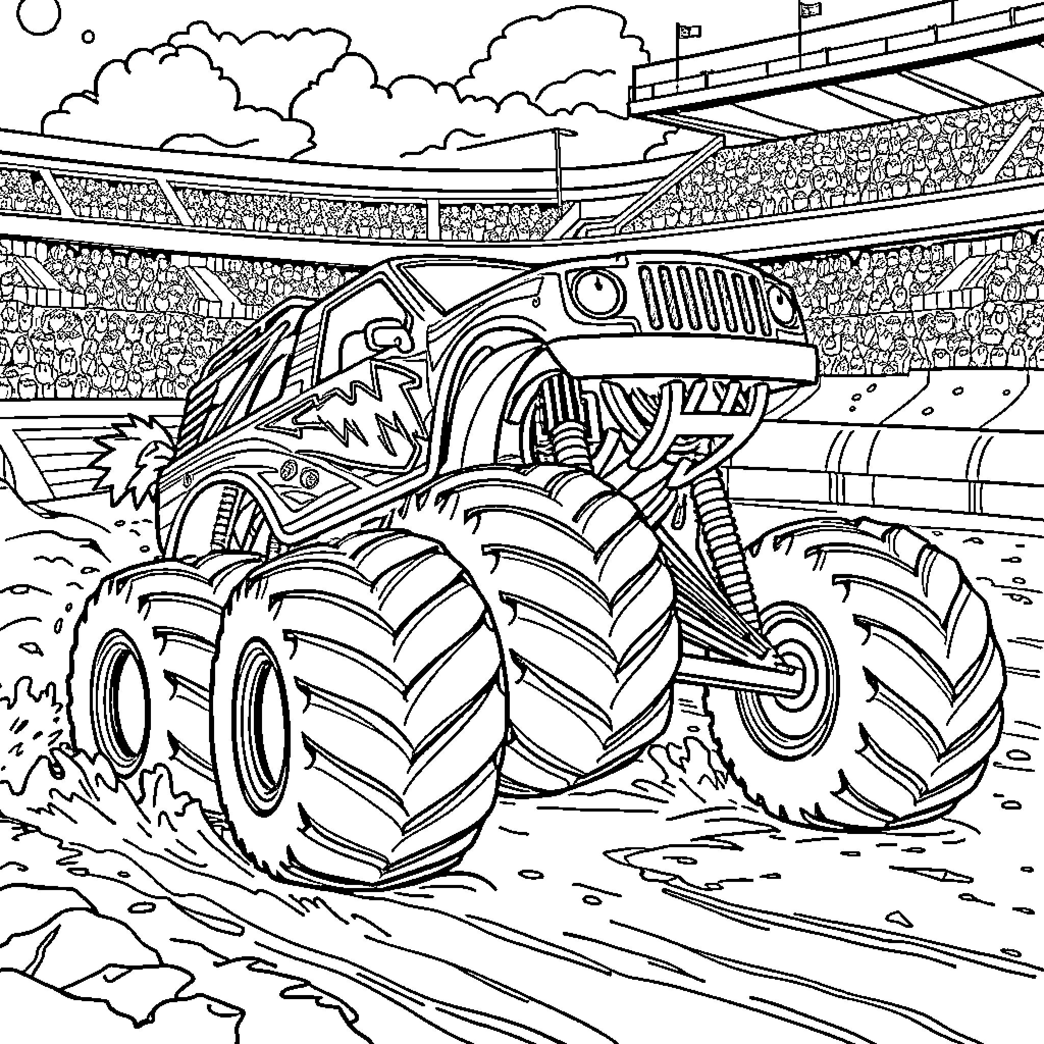 Monster Truck Crushing Cars in Stadium Coloring Page (free black-and-white line drawing printable PDF for all, from beginners to advanced learners, including children, teens, adults, and seniors)