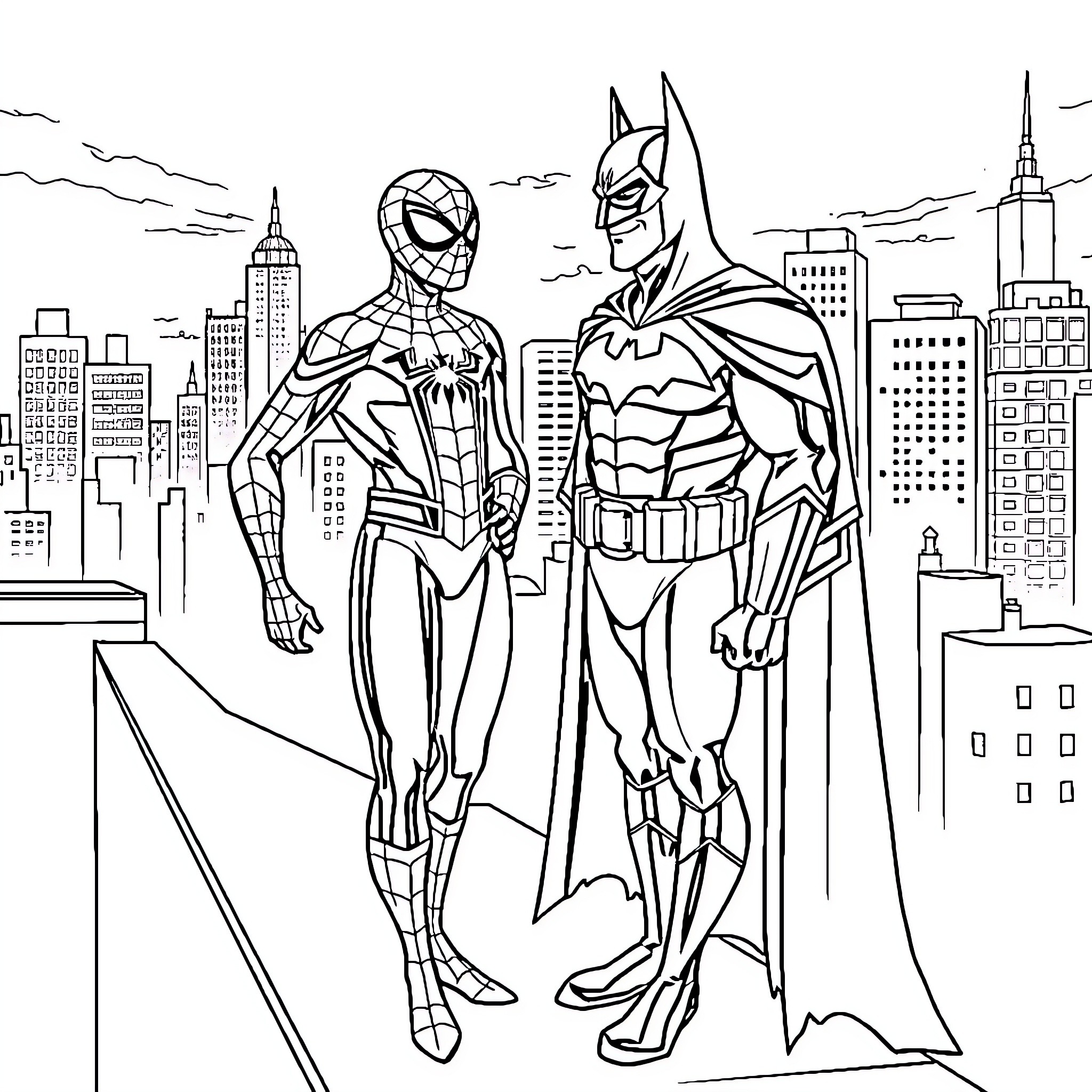 Spiderman and Batman teaming up in the city Coloring Page (free black-and-white line drawing printable PDF for all, from beginners to advanced learners, including children, teens, adults, and seniors)
