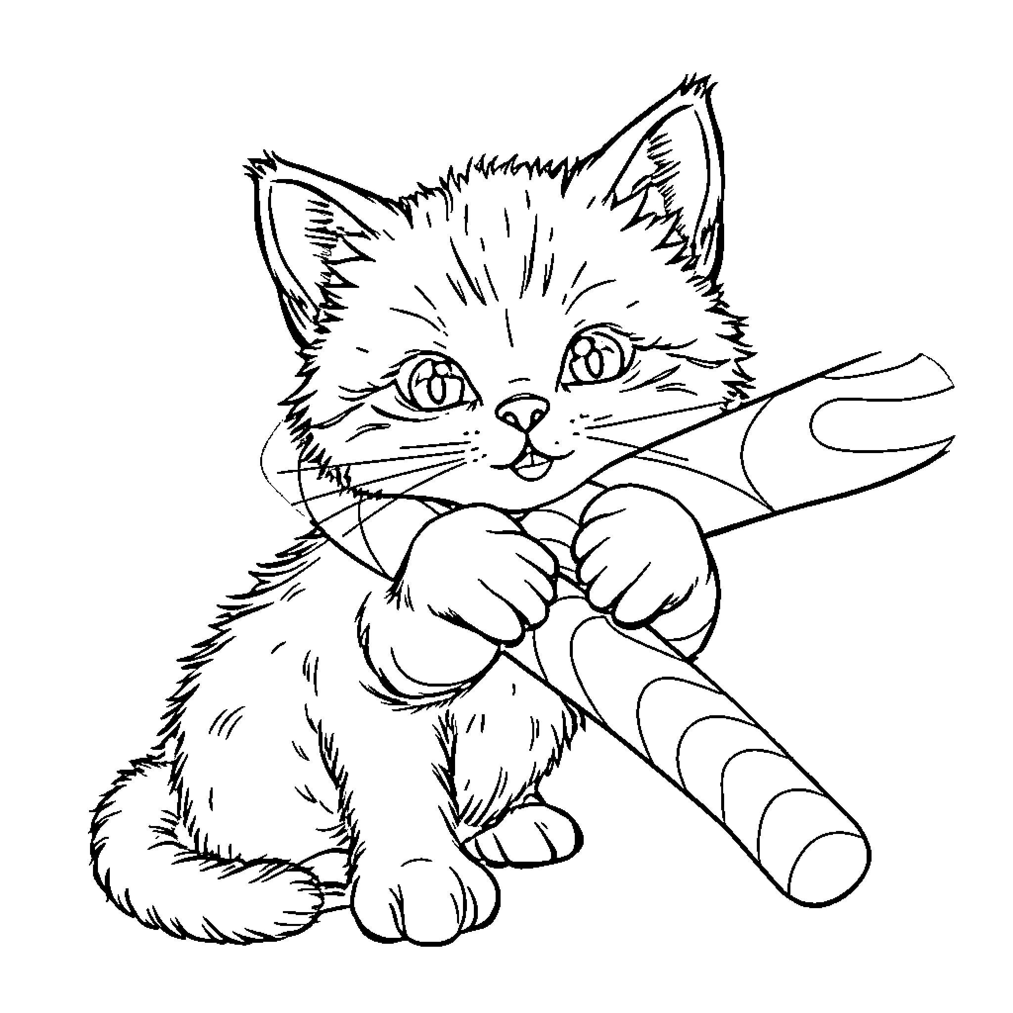 Kitty Playing with Stick Coloring Page (free black-and-white line drawing printable PDF for all, from beginners to advanced learners, including children, teens, adults, and seniors)