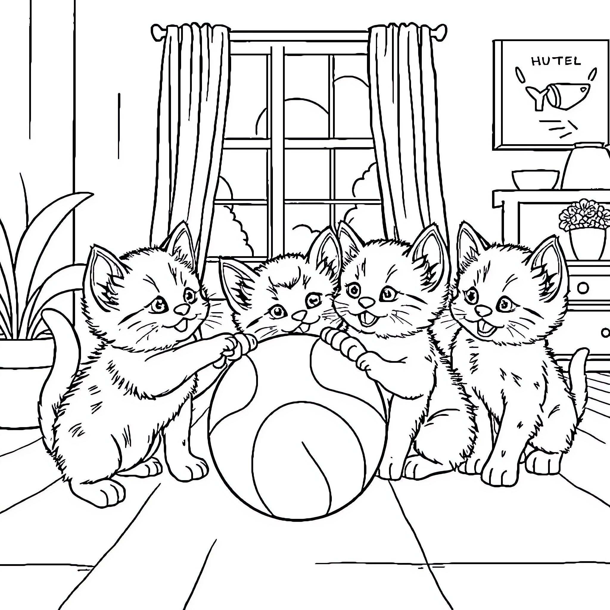 Kittens playing with a ball in a cozy room Coloring Page (free black-and-white line drawing printable PDF for all, from beginners to advanced learners, including children, teens, adults, and seniors)