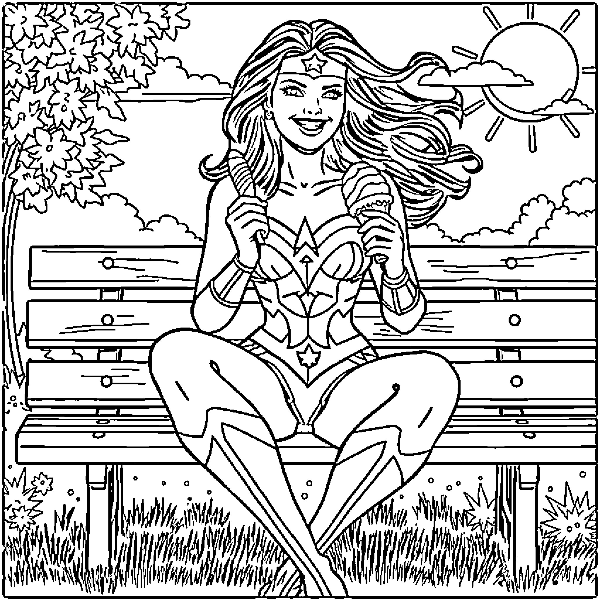 Wonder Woman enjoying the outdoors on a peaceful day Coloring Page (free black-and-white line drawing printable PDF for all, from beginners to advanced learners, including children, teens, adults, and seniors)