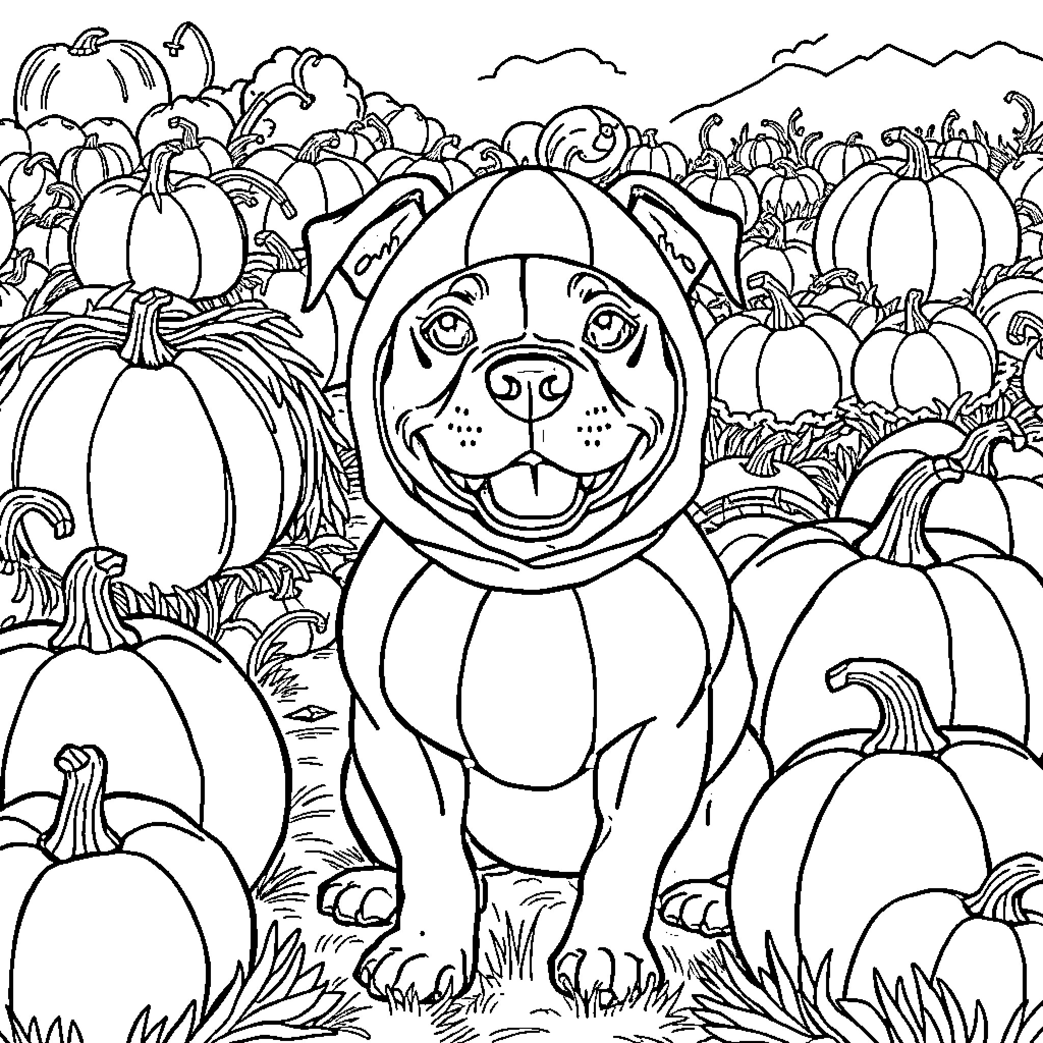 Pitbull among cheerful pumpkin patch Coloring Page (free black-and-white line drawing printable PDF for all, from beginners to advanced learners, including children, teens, adults, and seniors)