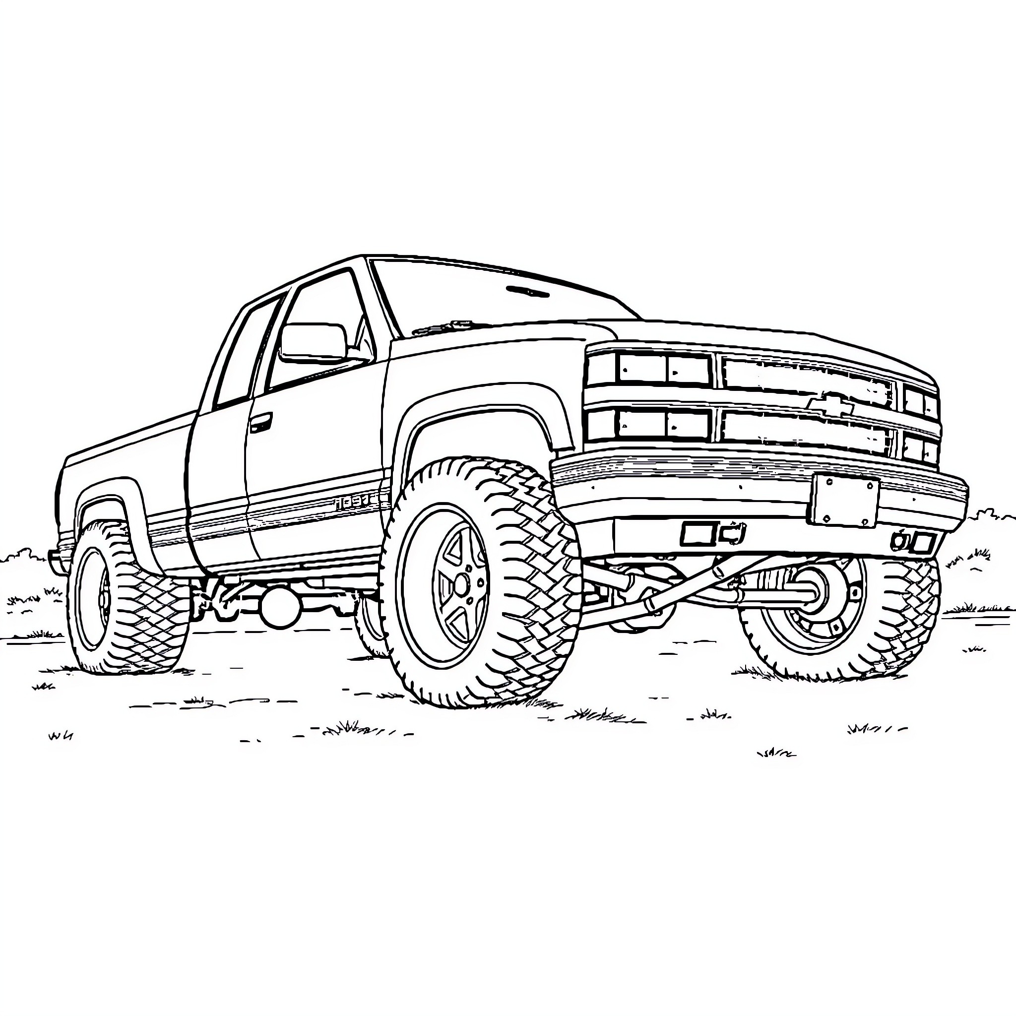 Chevy Pickup Truck Off-Roading Adventure Coloring Page (free black-and-white line drawing printable PDF for all, from beginners to advanced learners, including children, teens, adults, and seniors)