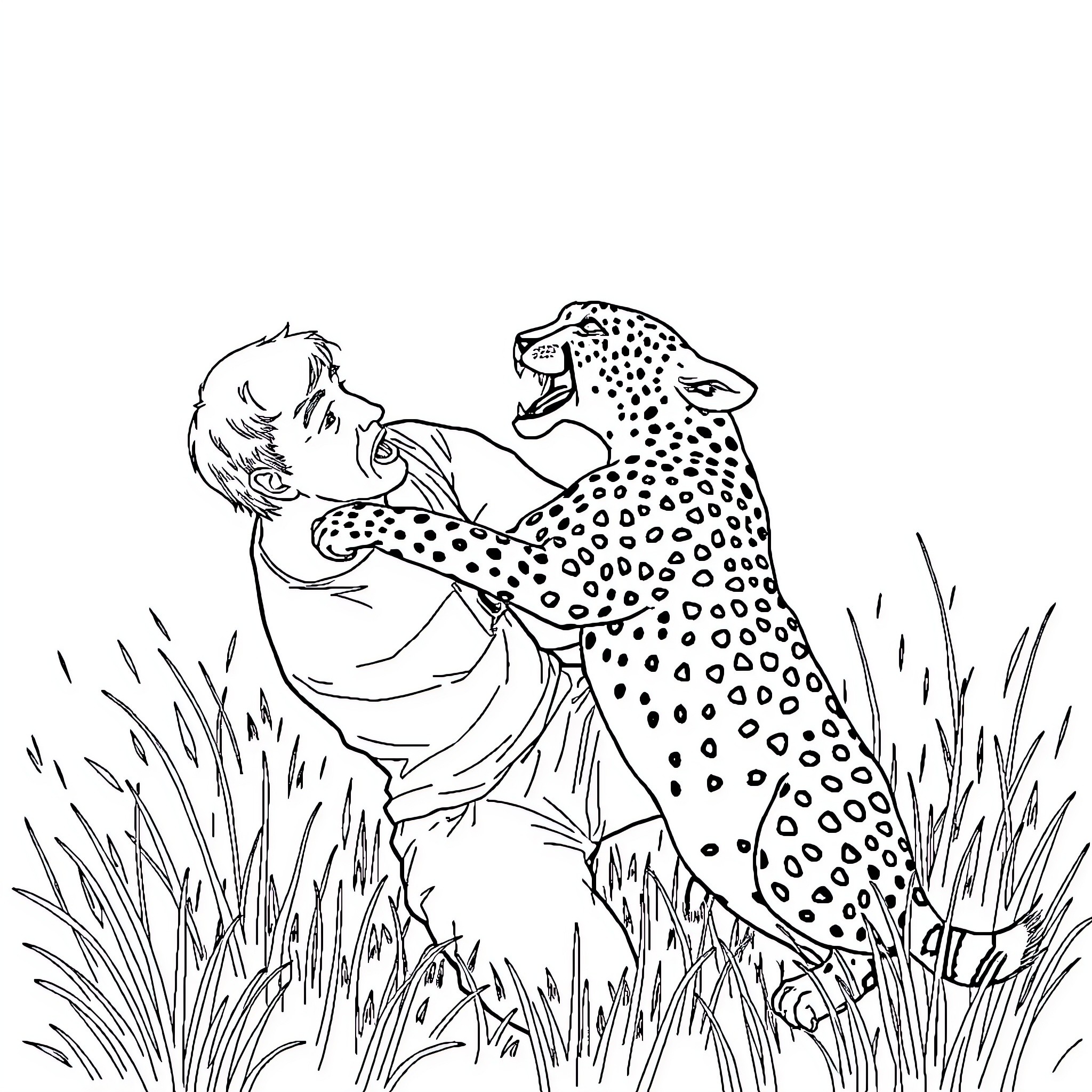 Man hugging and interacting with a cheetah in the wild Coloring Page (free black-and-white line drawing printable PDF for all, from beginners to advanced learners, including children, teens, adults, and seniors)