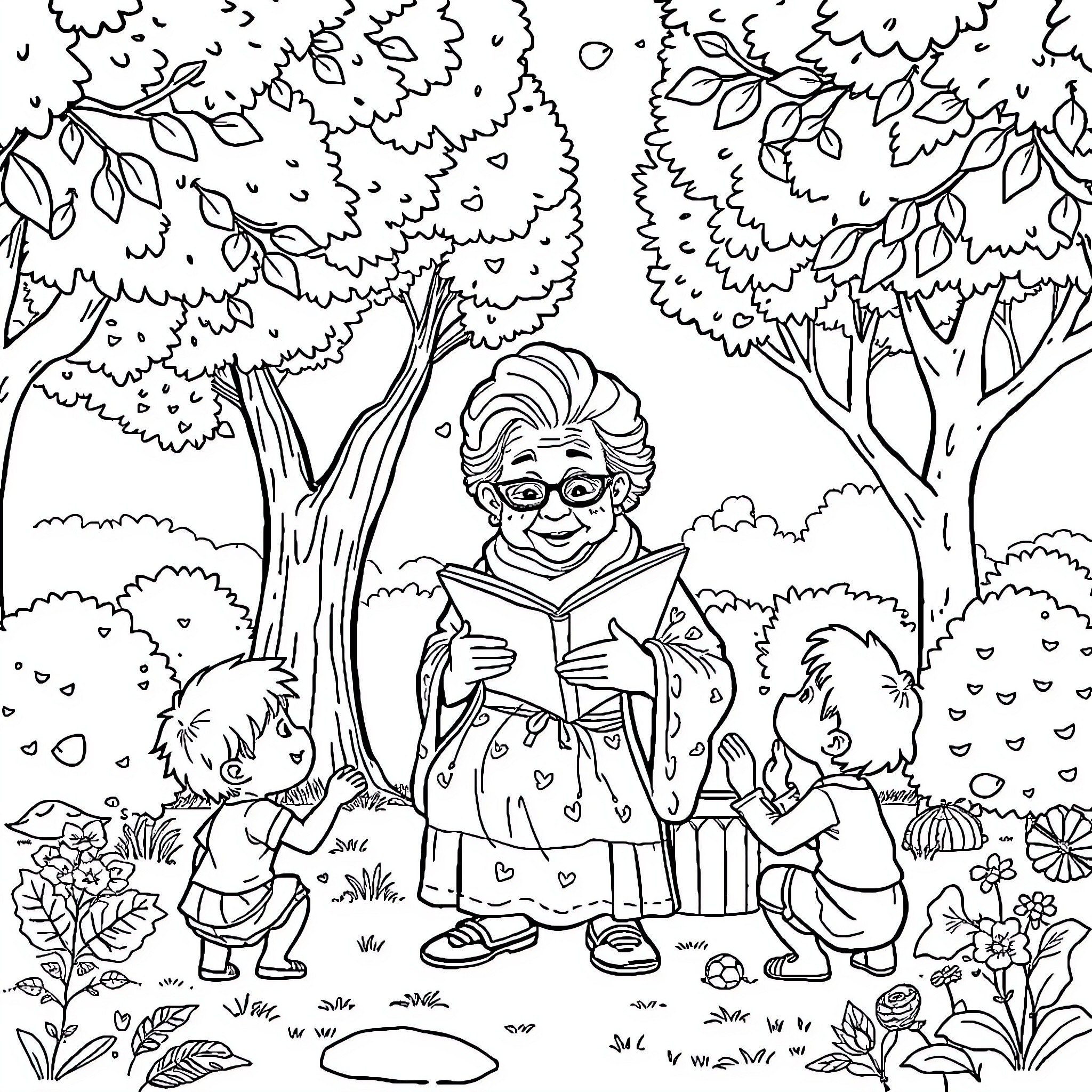 Abuelito reading stories to children in the park Coloring Page (free black-and-white line drawing printable PDF for all, from beginners to advanced learners, including children, teens, adults, and seniors)