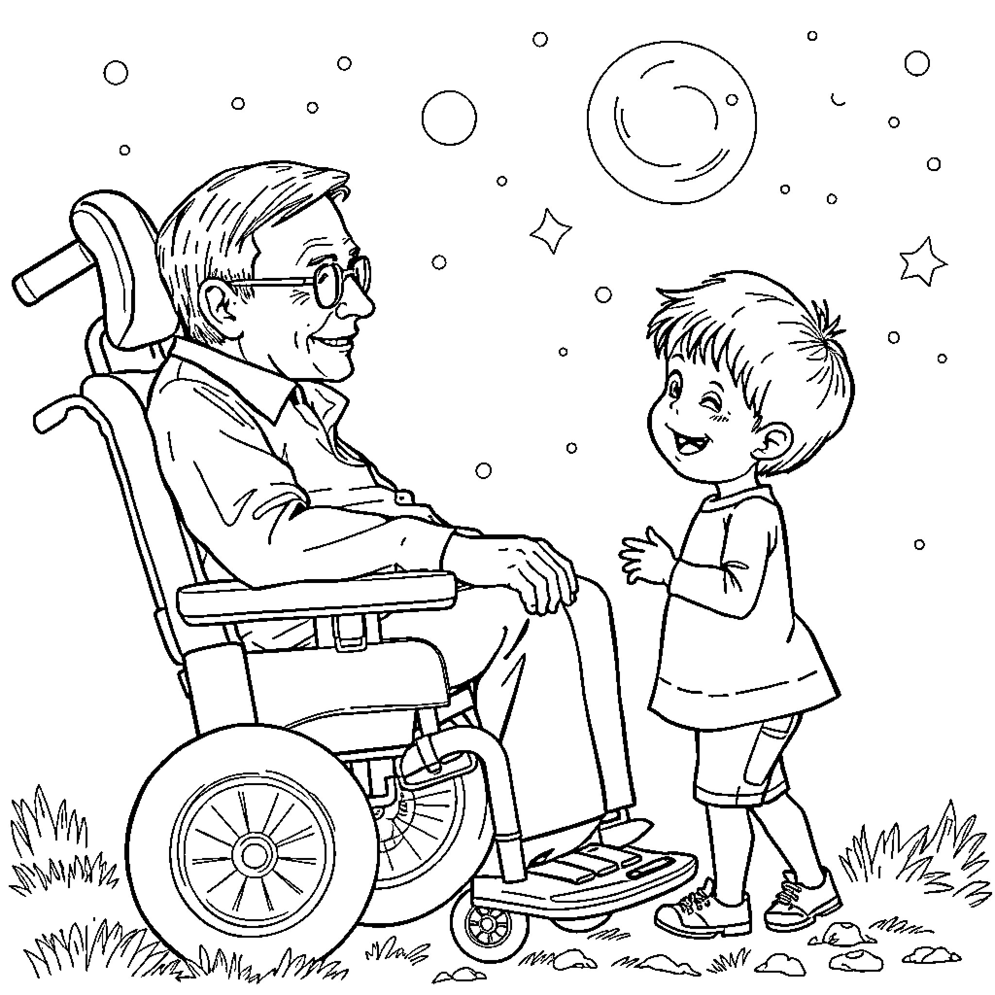 Stephen Hawking interacting with a young child in a wheelchair Coloring Page (free black-and-white line drawing printable PDF for all, from beginners to advanced learners, including children, teens, adults, and seniors)