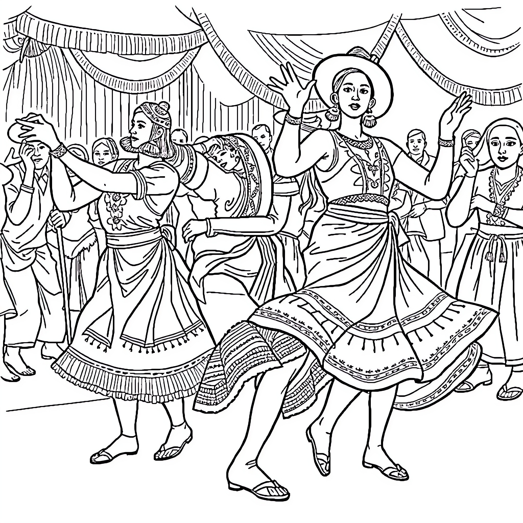 Kurmi Performing Traditional Dance with Colorful Costumes Coloring Page (free black-and-white line drawing printable PDF for all, from beginners to advanced learners, including children, teens, adults, and seniors)