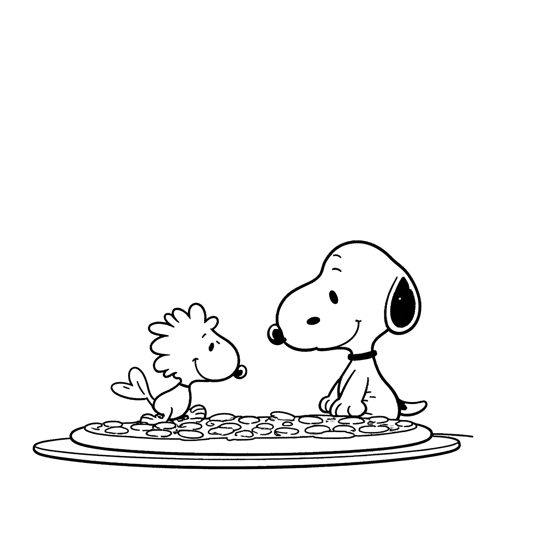 Snoopy and Woodstock playing together Coloring Page (free black-and-white line drawing printable PDF for all, from beginners to advanced learners, including children, teens, adults, and seniors)