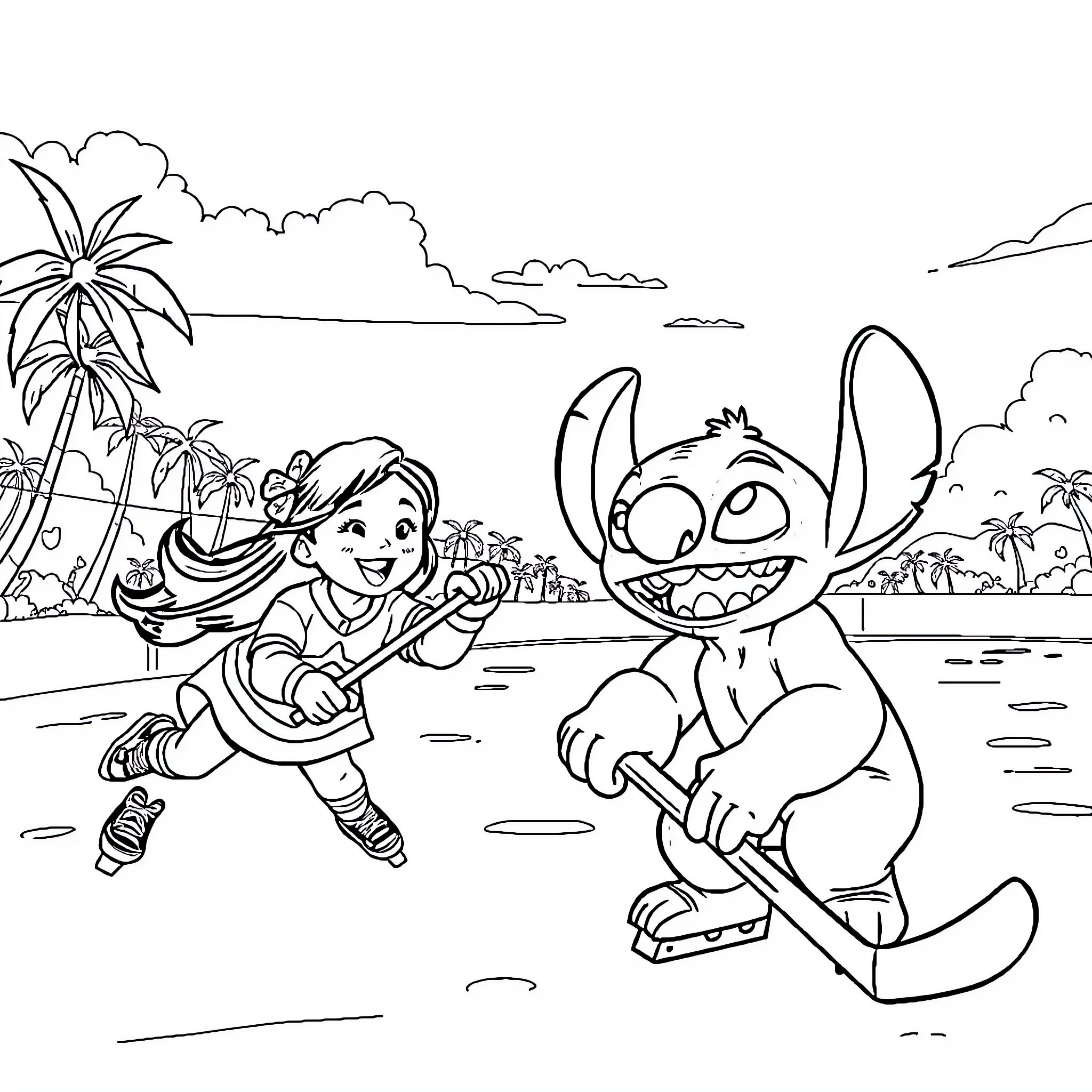 Lilo And Stitch playing on the beach Coloring Page (free black-and-white line drawing printable PDF for all, from beginners to advanced learners, including children, teens, adults, and seniors)