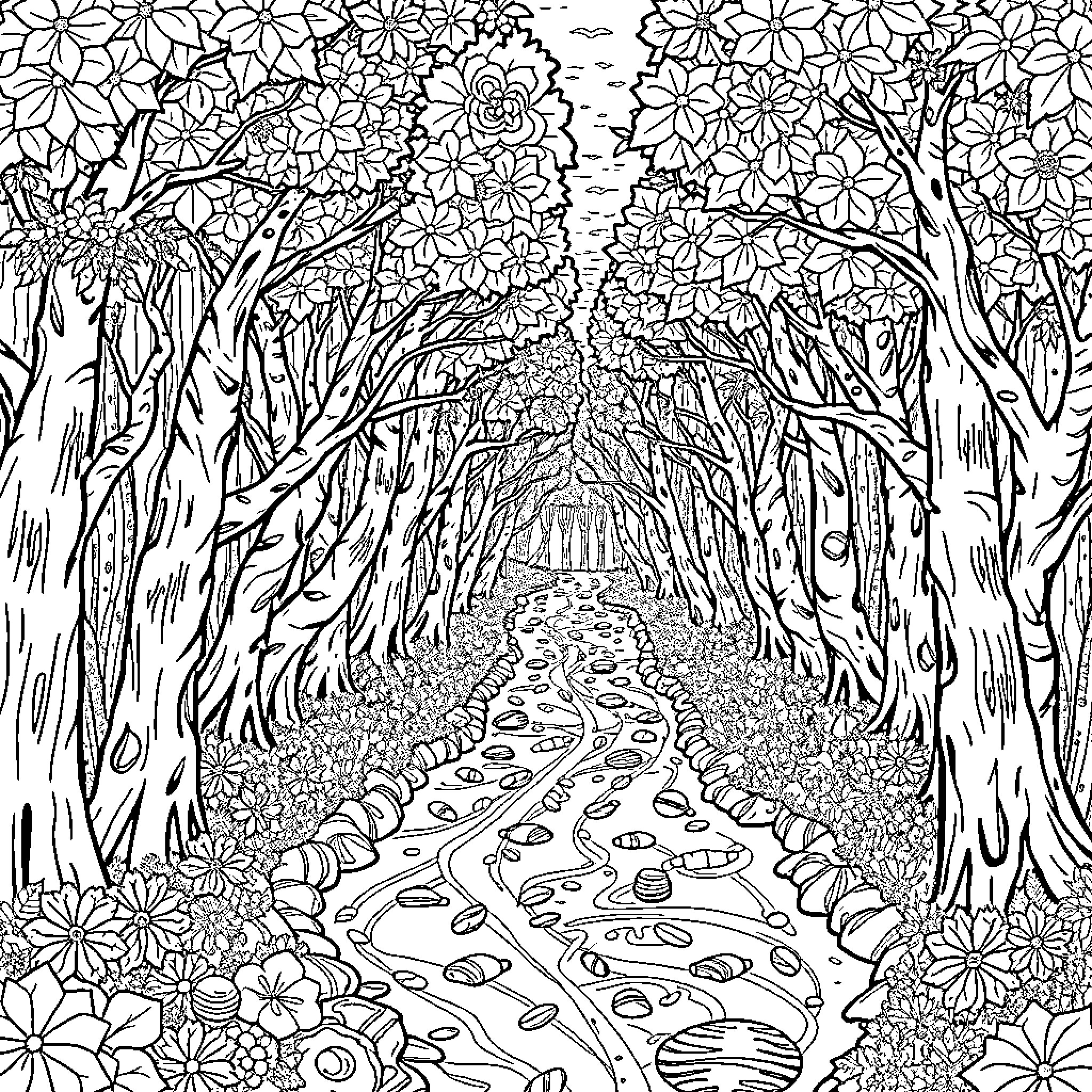 Food for the eyes: A magical floral pathway Coloring Page (free black-and-white line drawing printable PDF for all, from beginners to advanced learners, including children, teens, adults, and seniors)