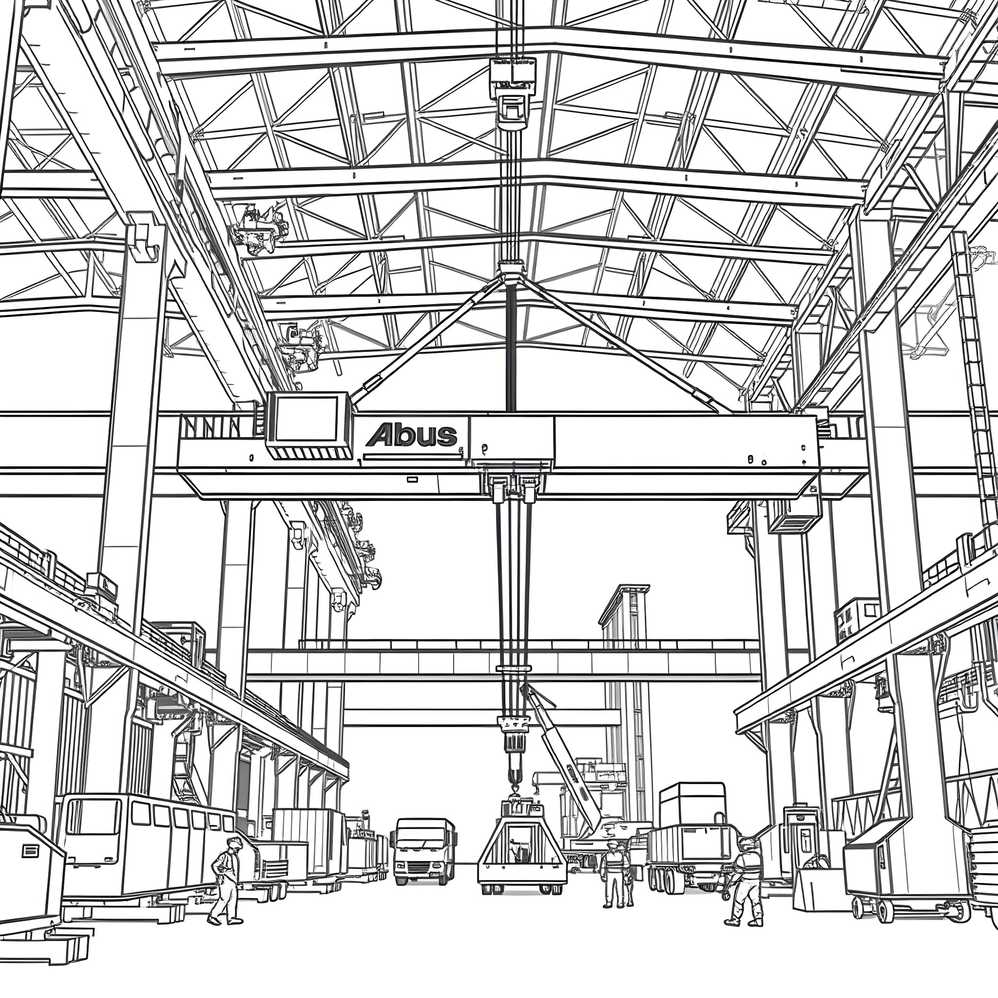 Crane machine lifting equipment in industrial warehouse Coloring Page (free black-and-white line drawing printable PDF for all, from beginners to advanced learners, including children, teens, adults, and seniors)