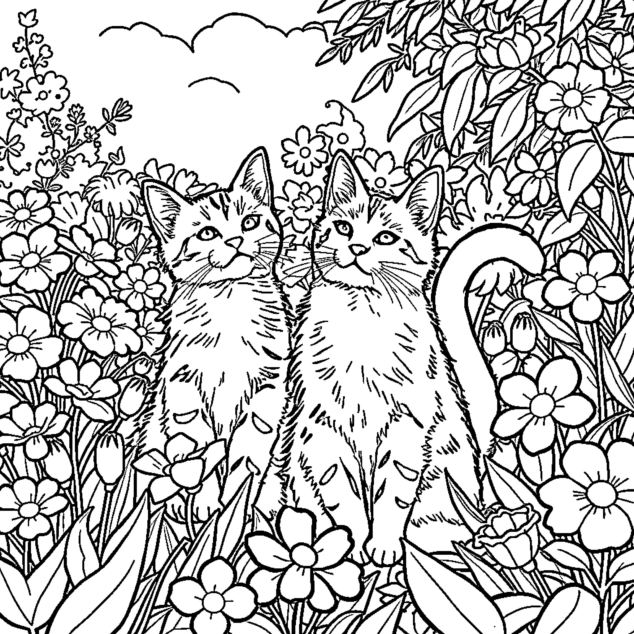 Gato enjoying floral garden with feline friends Coloring Page (free black-and-white line drawing printable PDF for all, from beginners to advanced learners, including children, teens, adults, and seniors)