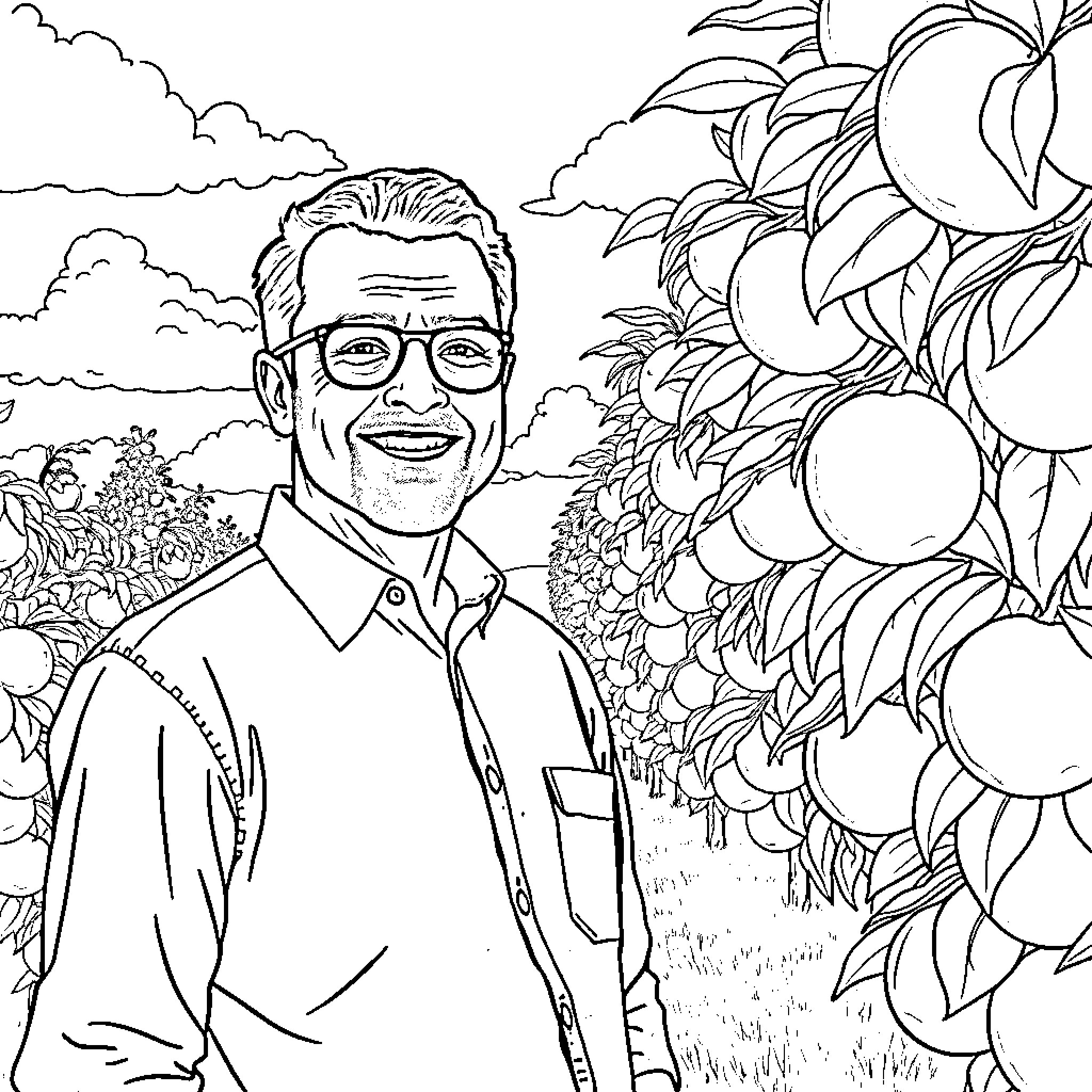 Peach Orchard Stroll with Friendly Farmer Coloring Page (free black-and-white line drawing printable PDF for all, from beginners to advanced learners, including children, teens, adults, and seniors)