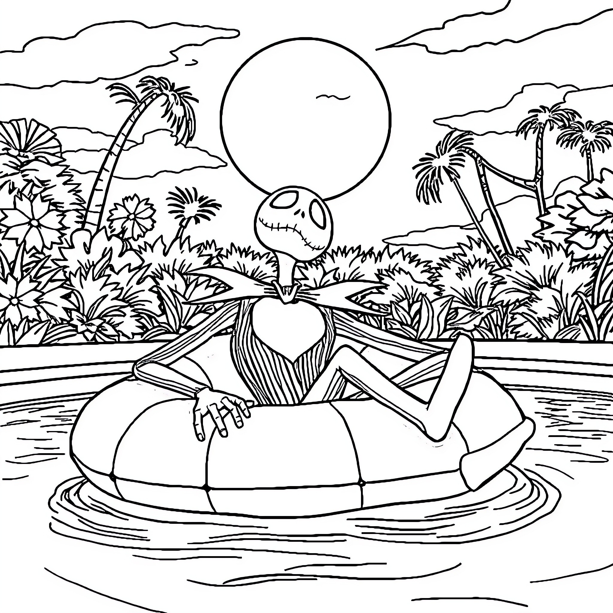 Jack Skellington relaxing in a tropical paradise Coloring Page (free black-and-white line drawing printable PDF for all, from beginners to advanced learners, including children, teens, adults, and seniors)