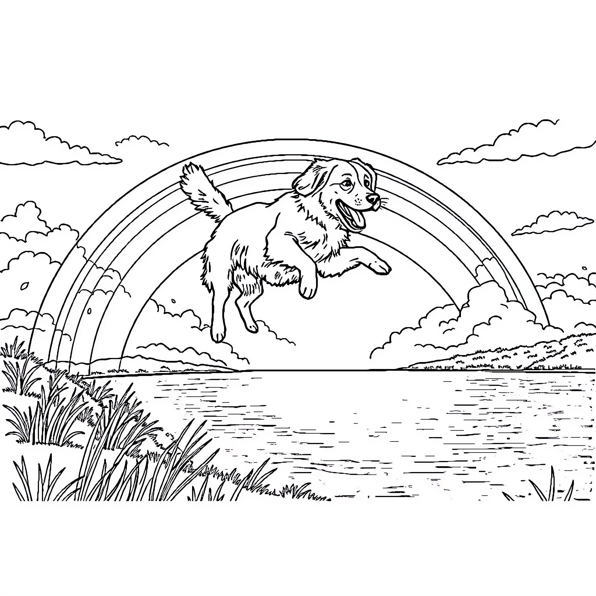 Golden Retriever jumping through rainbow in nature Coloring Page (free black-and-white line drawing printable PDF for all, from beginners to advanced learners, including children, teens, adults, and seniors)