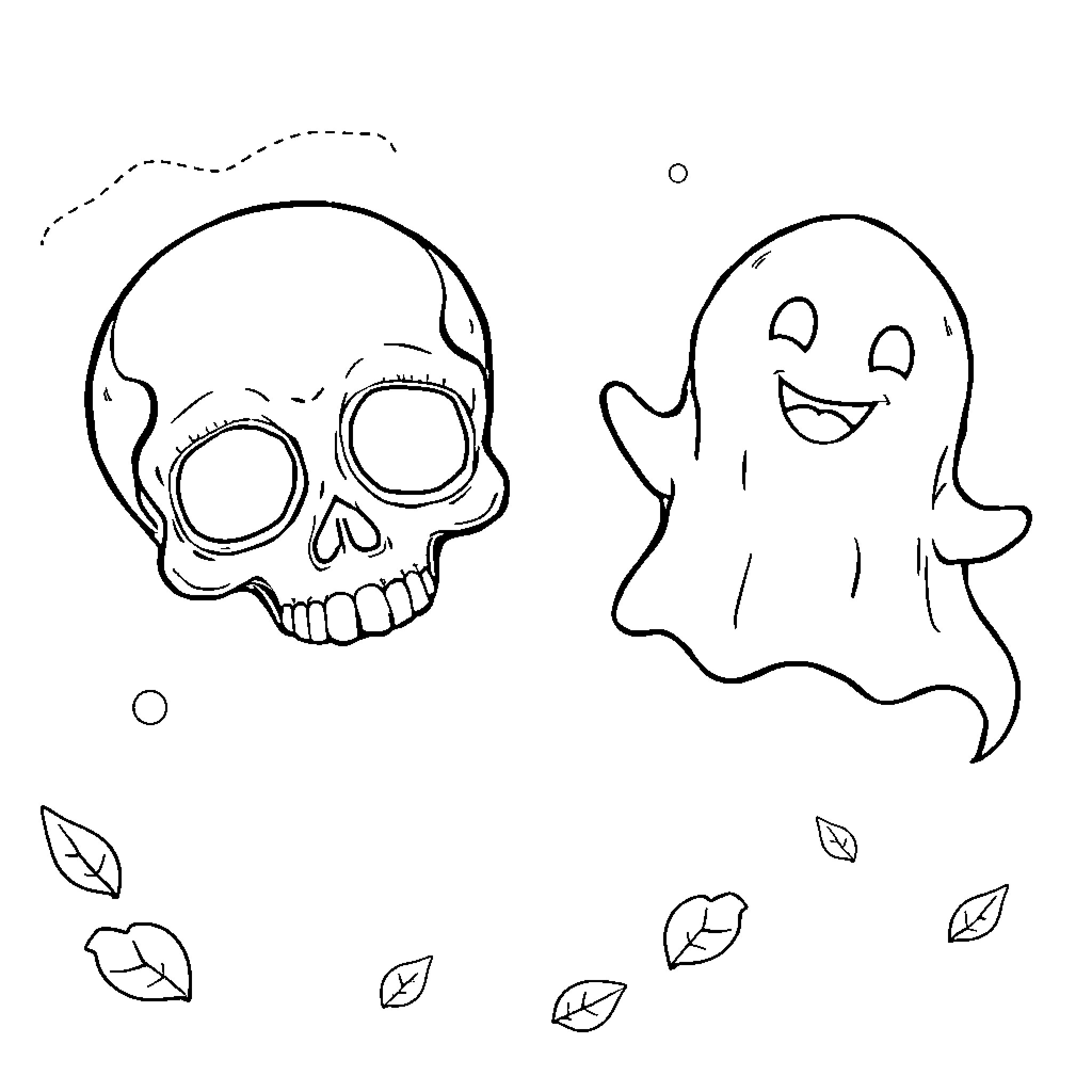 Halloween Skull and Playful Ghost Coloring Page (free black-and-white line drawing printable PDF for all, from beginners to advanced learners, including children, teens, adults, and seniors)