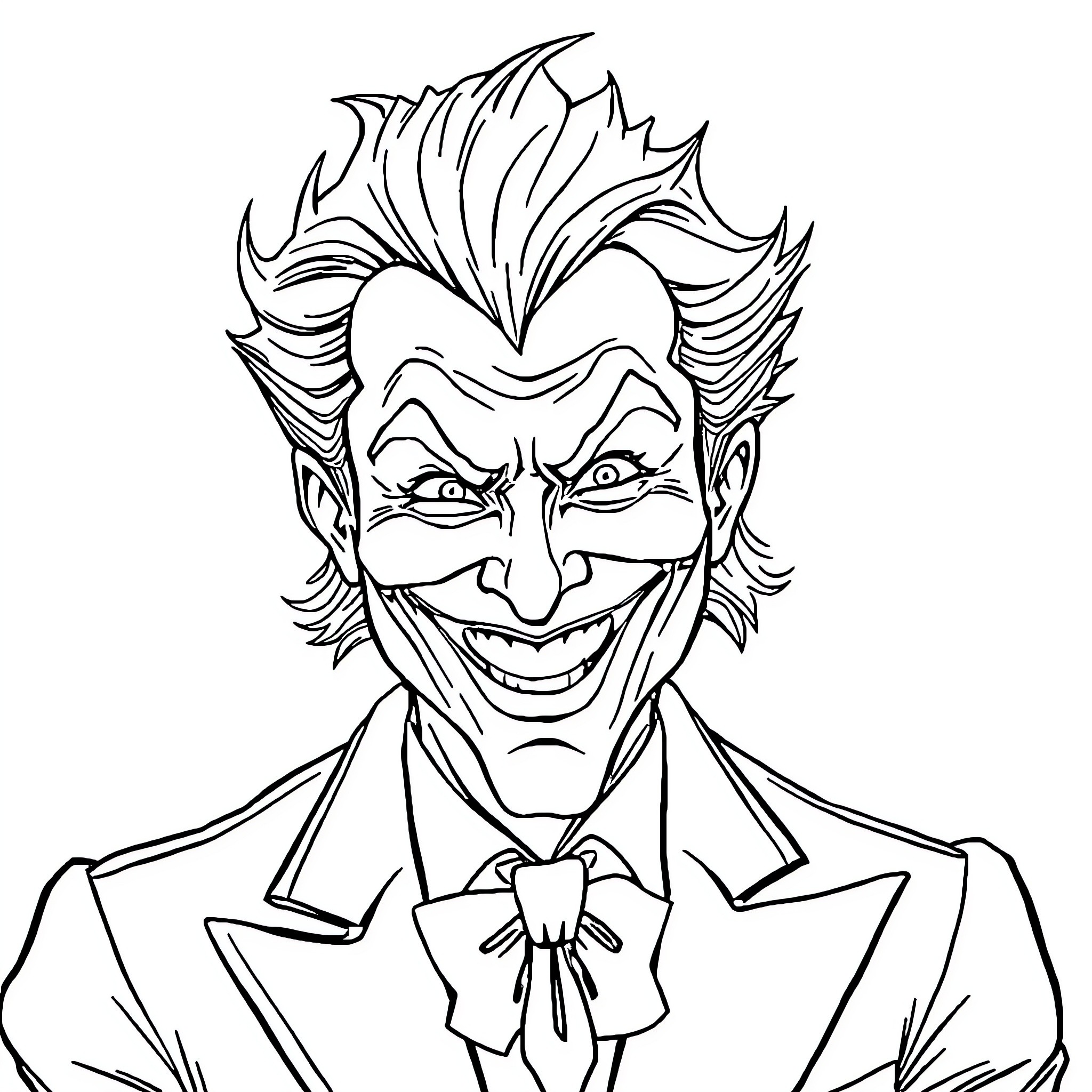 Joker's Mischievous Grin and Villainous Attire Coloring Page (free black-and-white line drawing printable PDF for all, from beginners to advanced learners, including children, teens, adults, and seniors)
