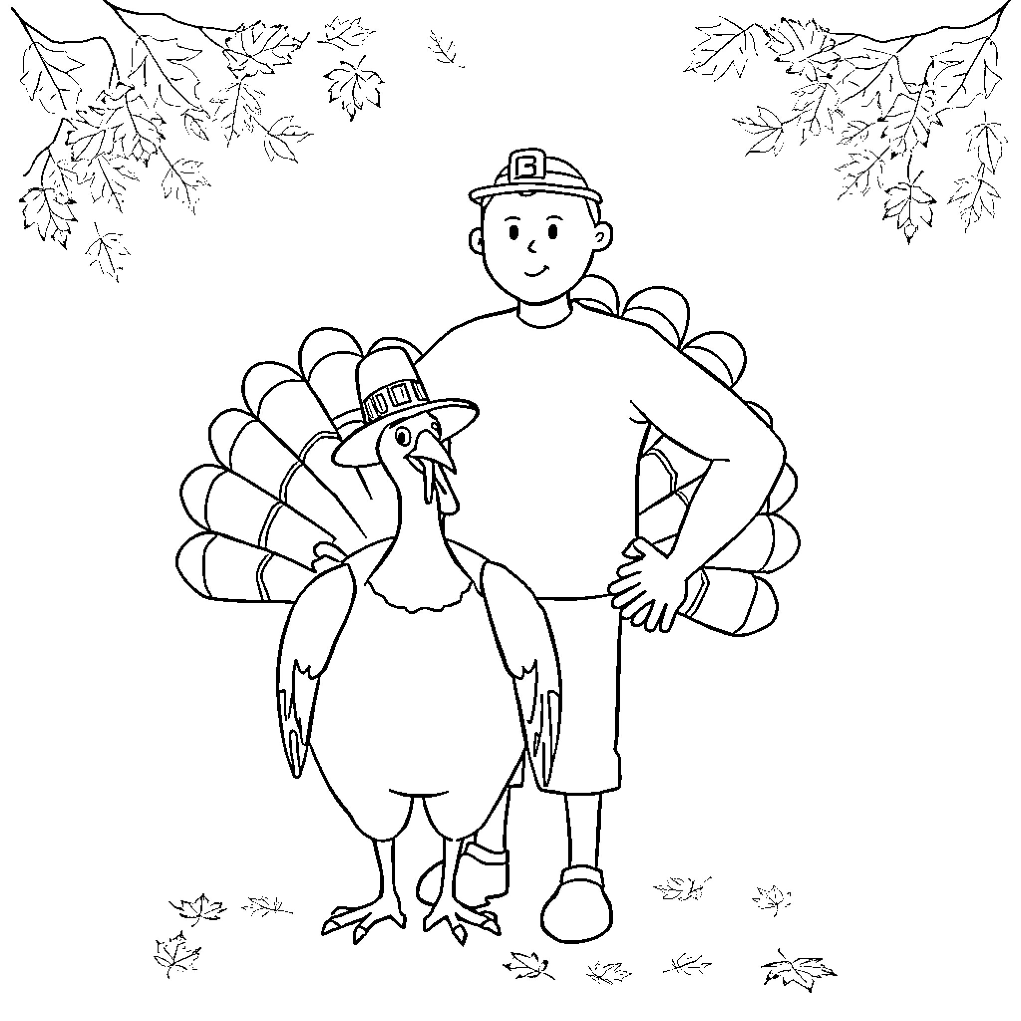 Giant Turkey and Pilgrim Celebrating Thanksgiving Coloring Page (free black-and-white line drawing printable PDF for all, from beginners to advanced learners, including children, teens, adults, and seniors)