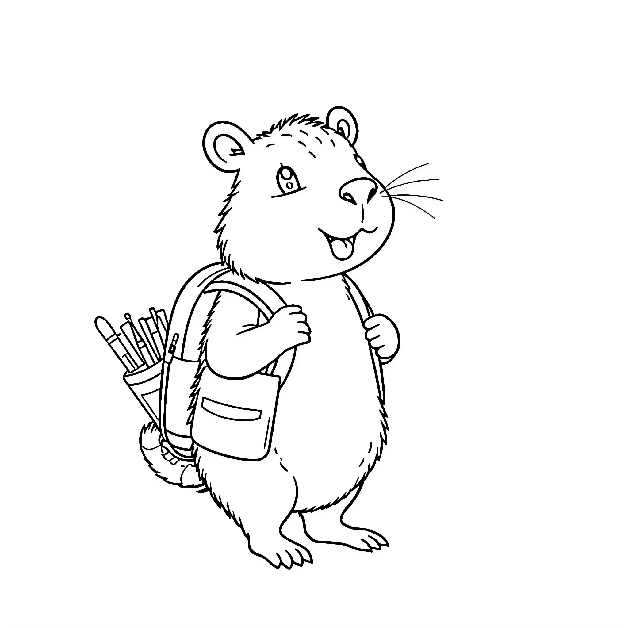 Capibara going to school with backpack Coloring Page (free black-and-white line drawing printable PDF for all, from beginners to advanced learners, including children, teens, adults, and seniors)