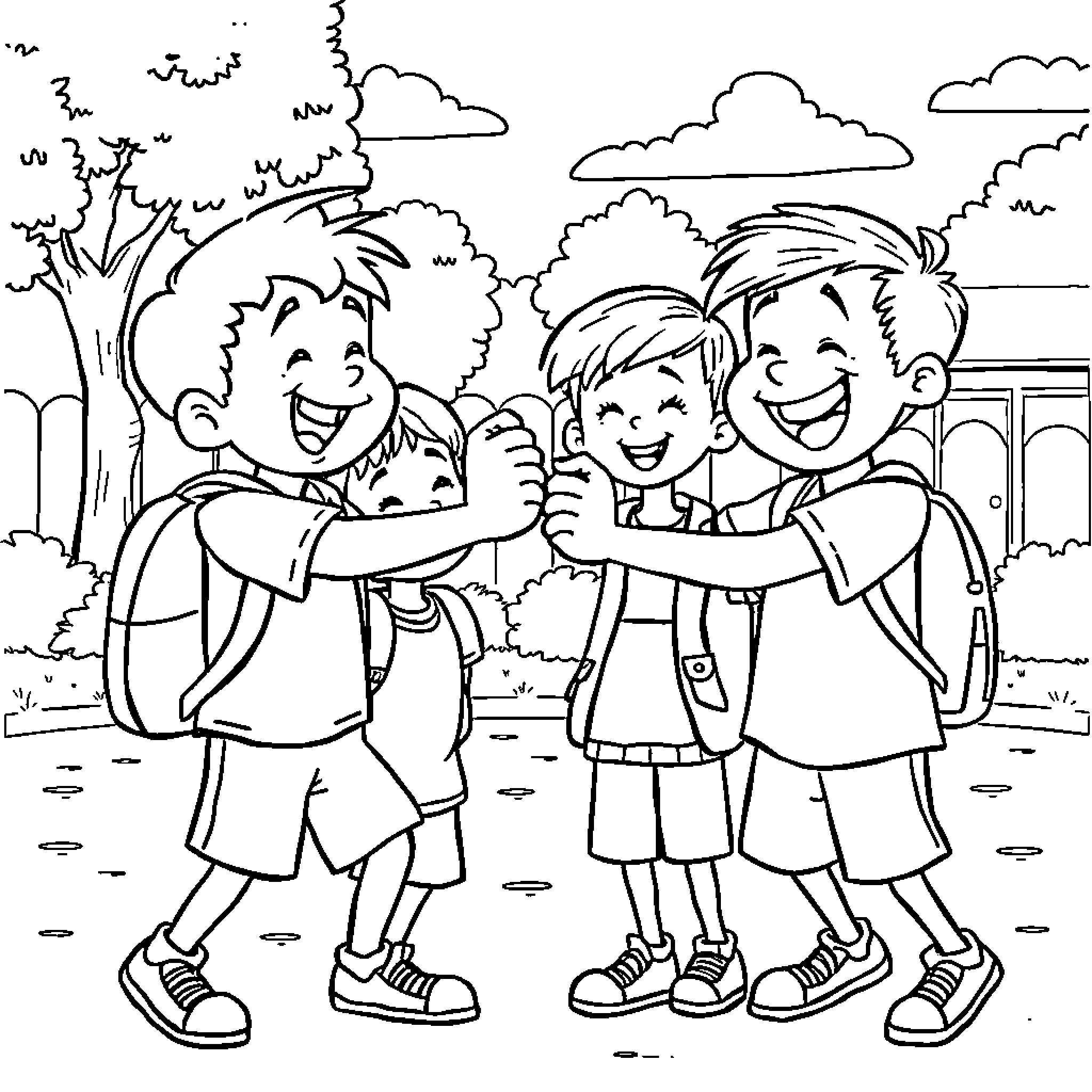 Kid Friends Laughing and Playing Together Coloring Page (free black-and-white line drawing printable PDF for all, from beginners to advanced learners, including children, teens, adults, and seniors)