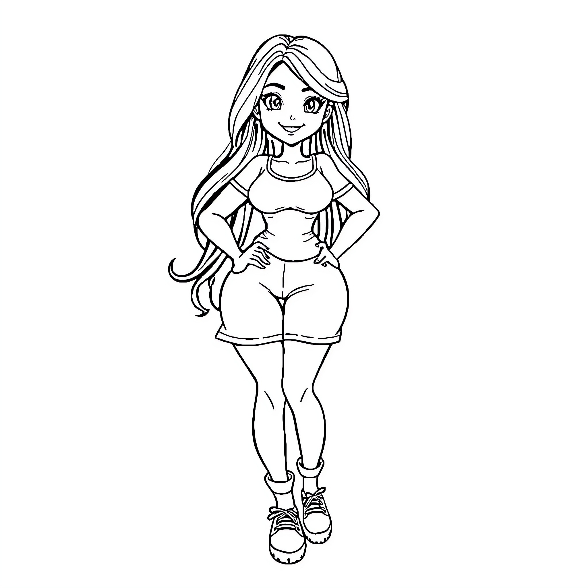 Girl in casual outfit posing confidently Coloring Page (free black-and-white line drawing printable PDF for all, from beginners to advanced learners, including children, teens, adults, and seniors)