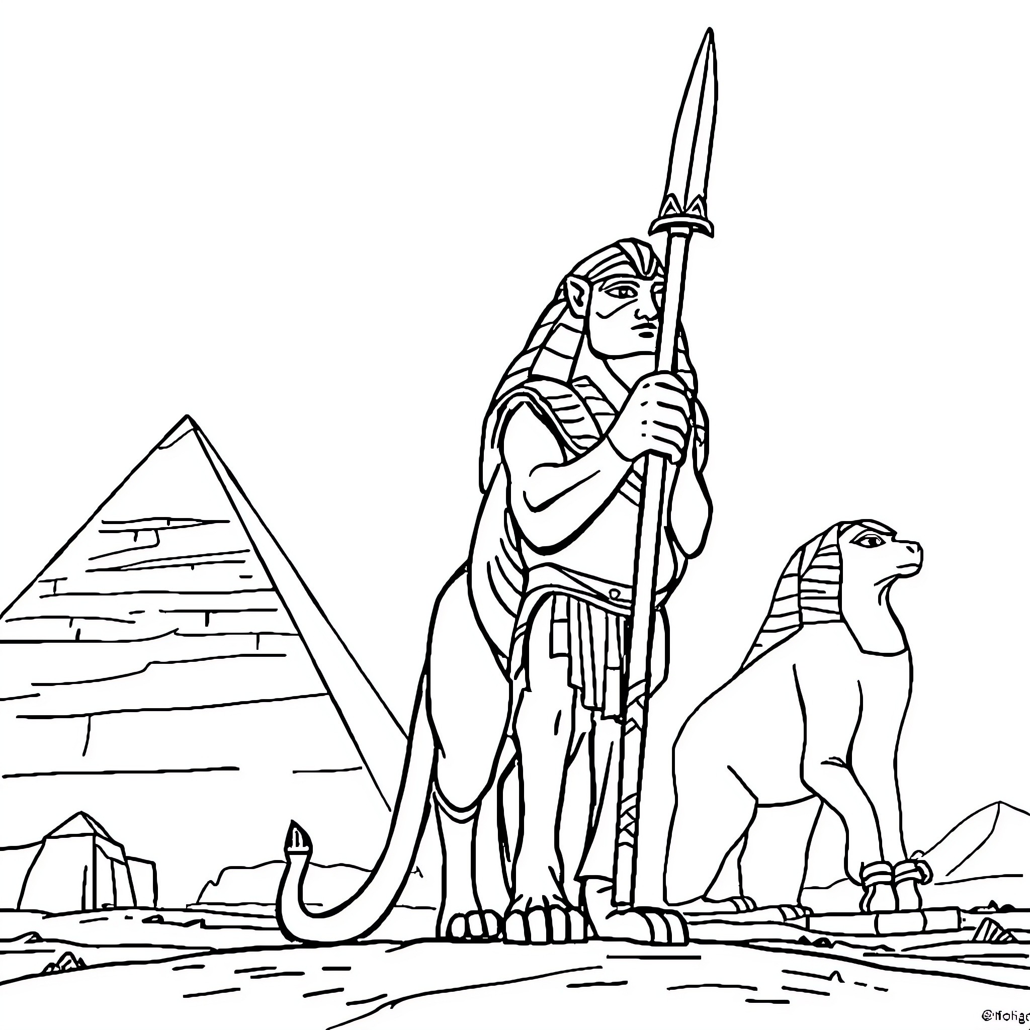 Pharaoh standing with scepter and sphinx before the pyramids Coloring Page (free black-and-white line drawing printable PDF for all, from beginners to advanced learners, including children, teens, adults, and seniors)