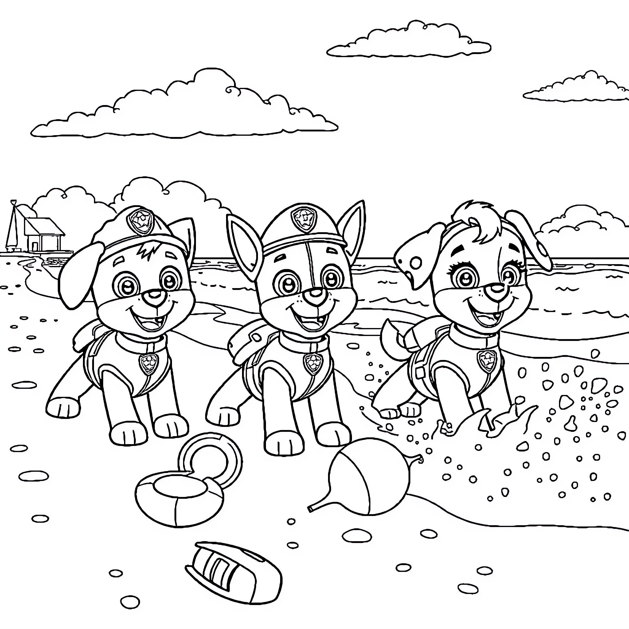 Paw Patrol puppies playing at the beach Coloring Page (free black-and-white line drawing printable PDF for all, from beginners to advanced learners, including children, teens, adults, and seniors)