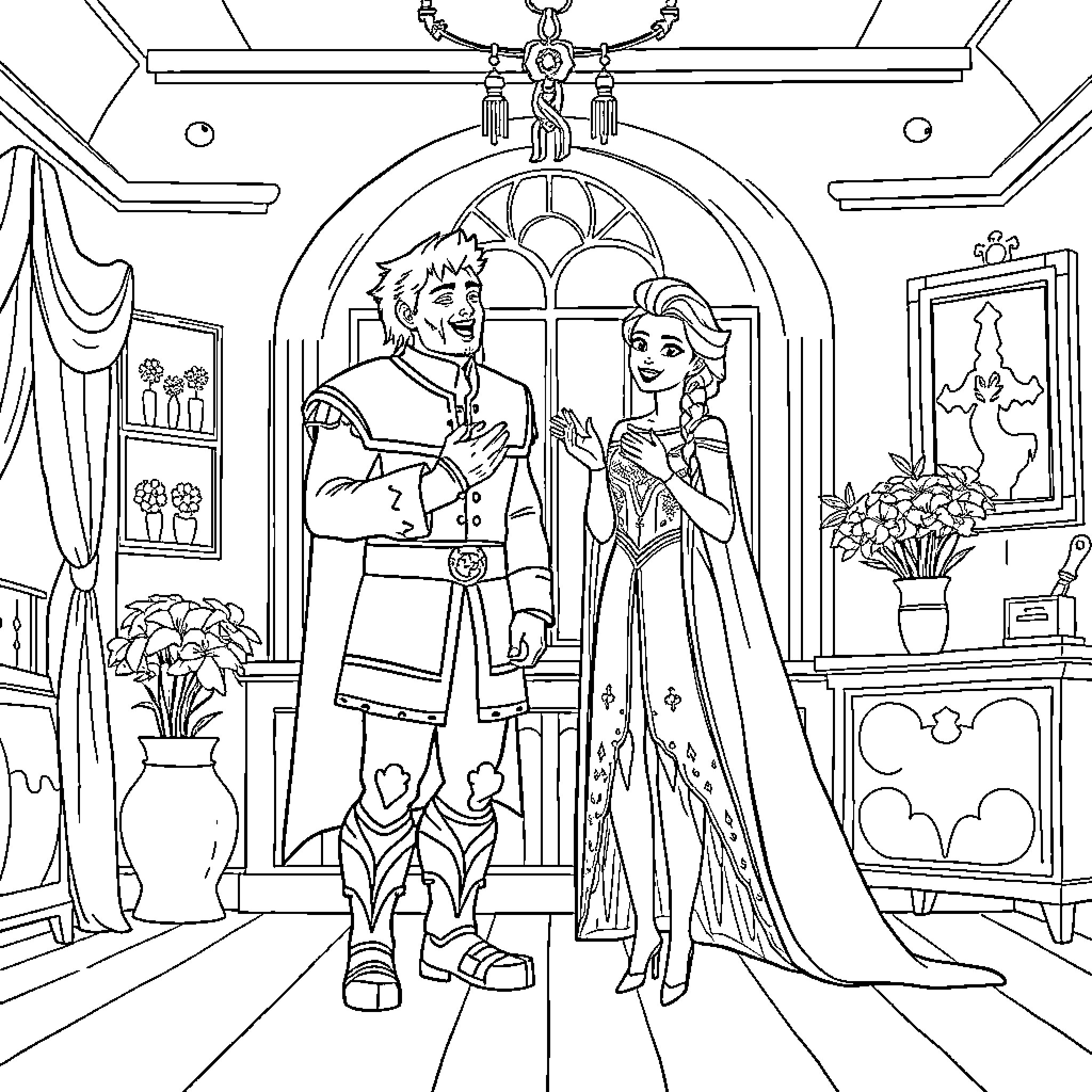 HUNTR/X Royal Couple in Formal Attire Coloring Page (free black-and-white line drawing printable PDF for all, from beginners to advanced learners, including children, teens, adults, and seniors)