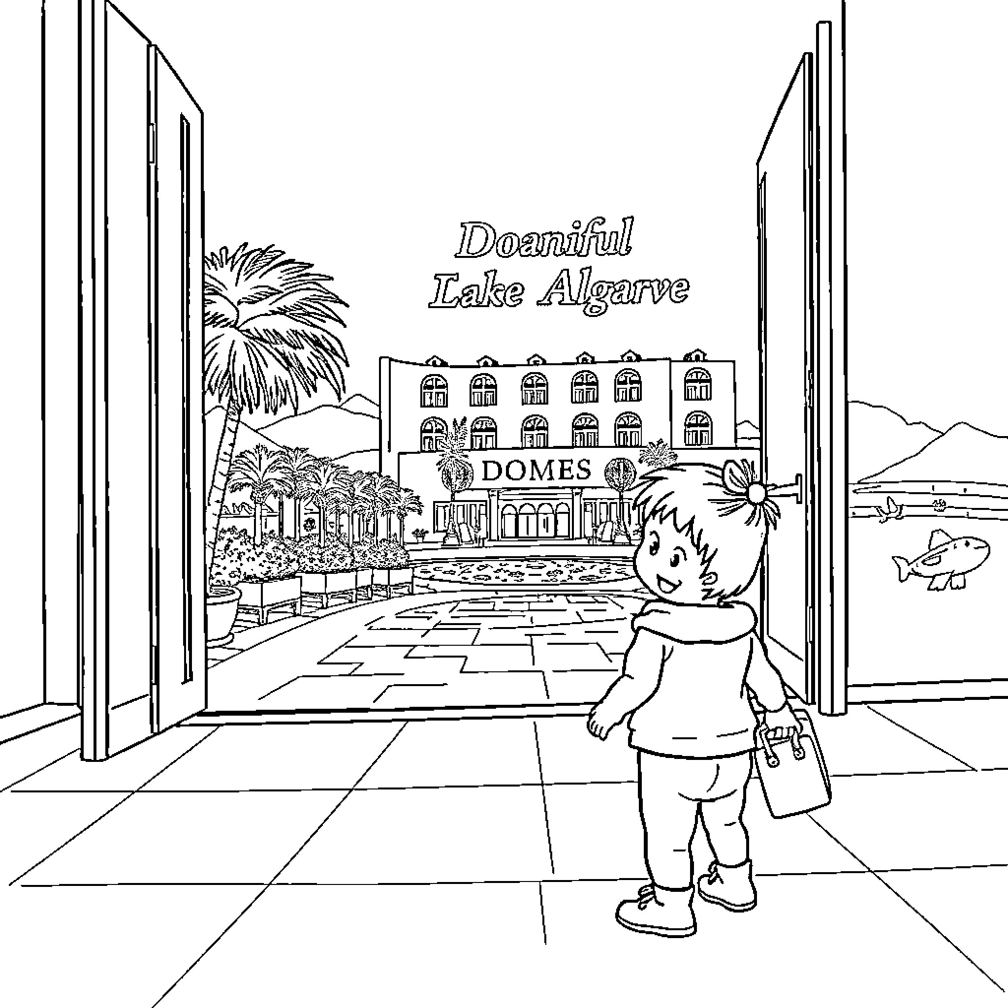 Child exploring scenic coastal town Coloring Page (free black-and-white line drawing printable PDF for all, from beginners to advanced learners, including children, teens, adults, and seniors)