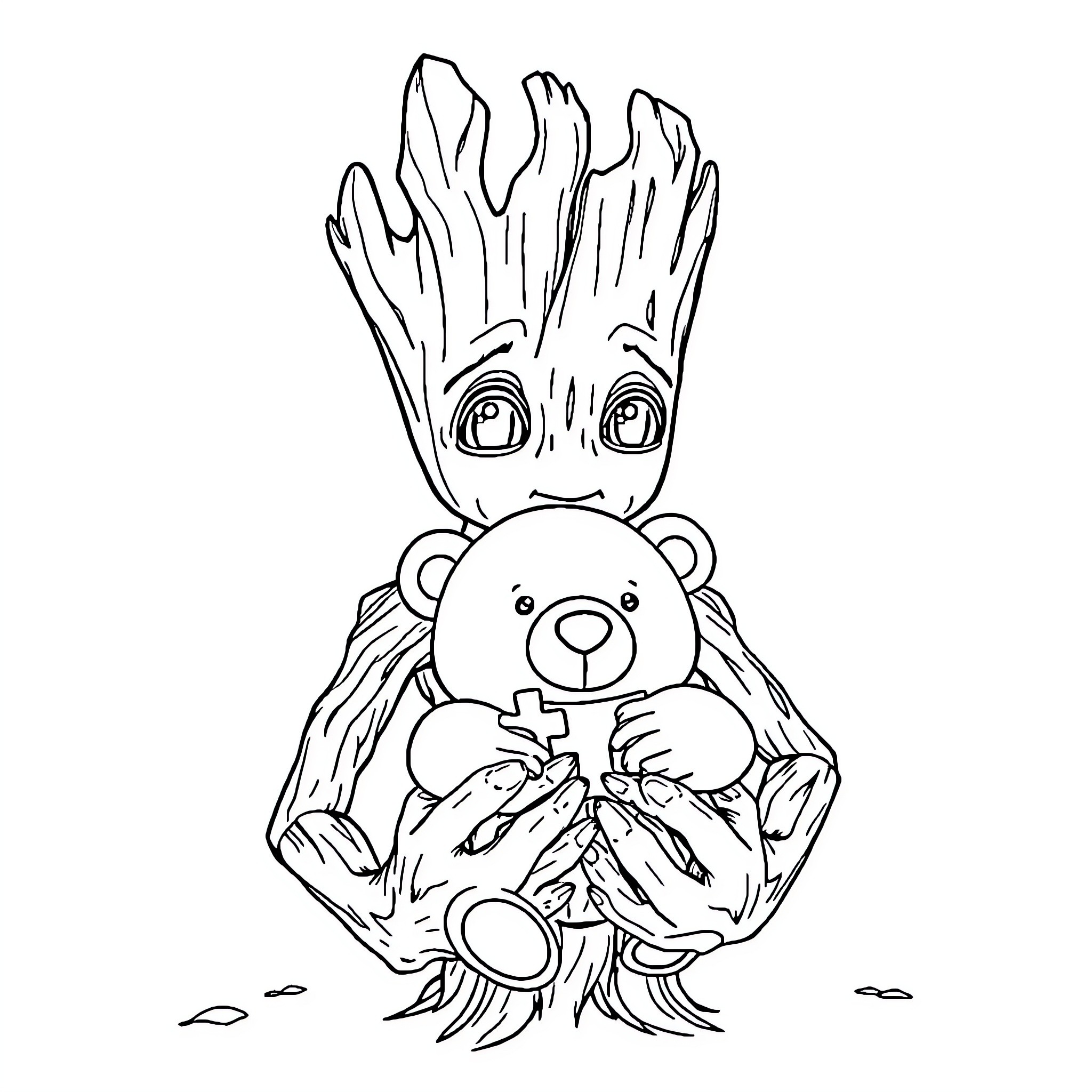 Groot hugging a teddy bear in a whimsical scene Coloring Page (free black-and-white line drawing printable PDF for all, from beginners to advanced learners, including children, teens, adults, and seniors)