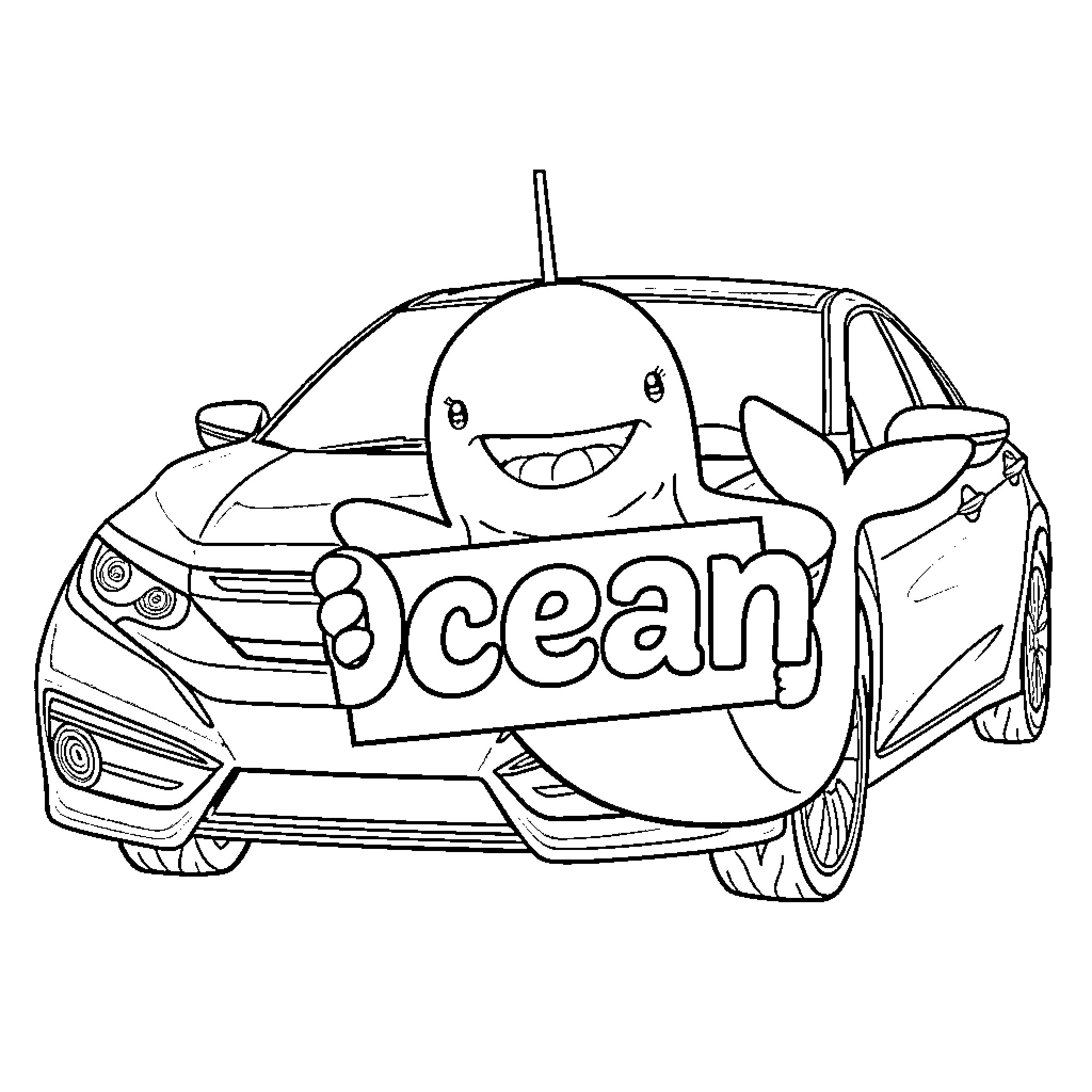 Whale-shaped car holding an ocean sign Coloring Page (free black-and-white line drawing printable PDF for all, from beginners to advanced learners, including children, teens, adults, and seniors)
