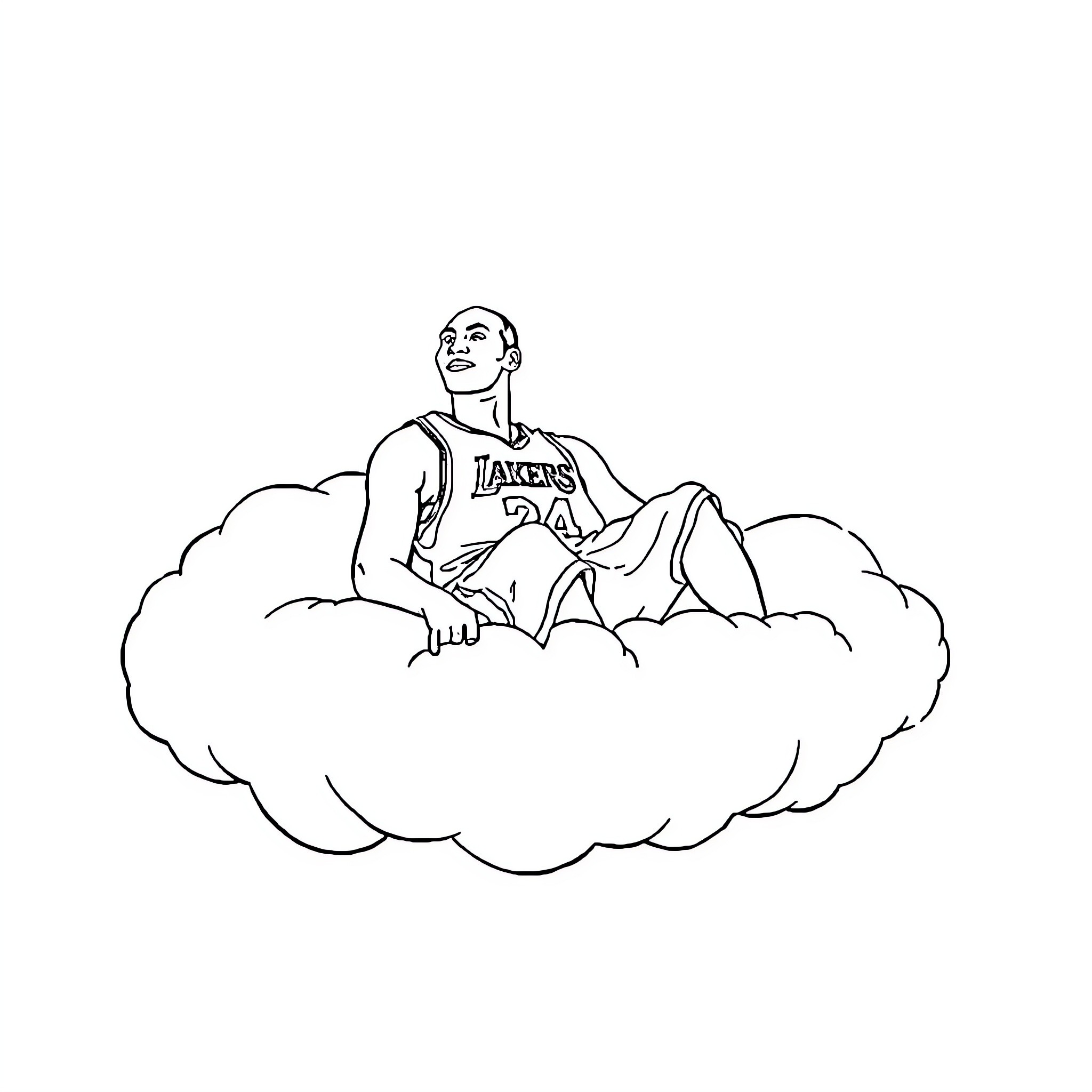 Kobe Bryant resting on a cloud Coloring Page (free black-and-white line drawing printable PDF for all, from beginners to advanced learners, including children, teens, adults, and seniors)