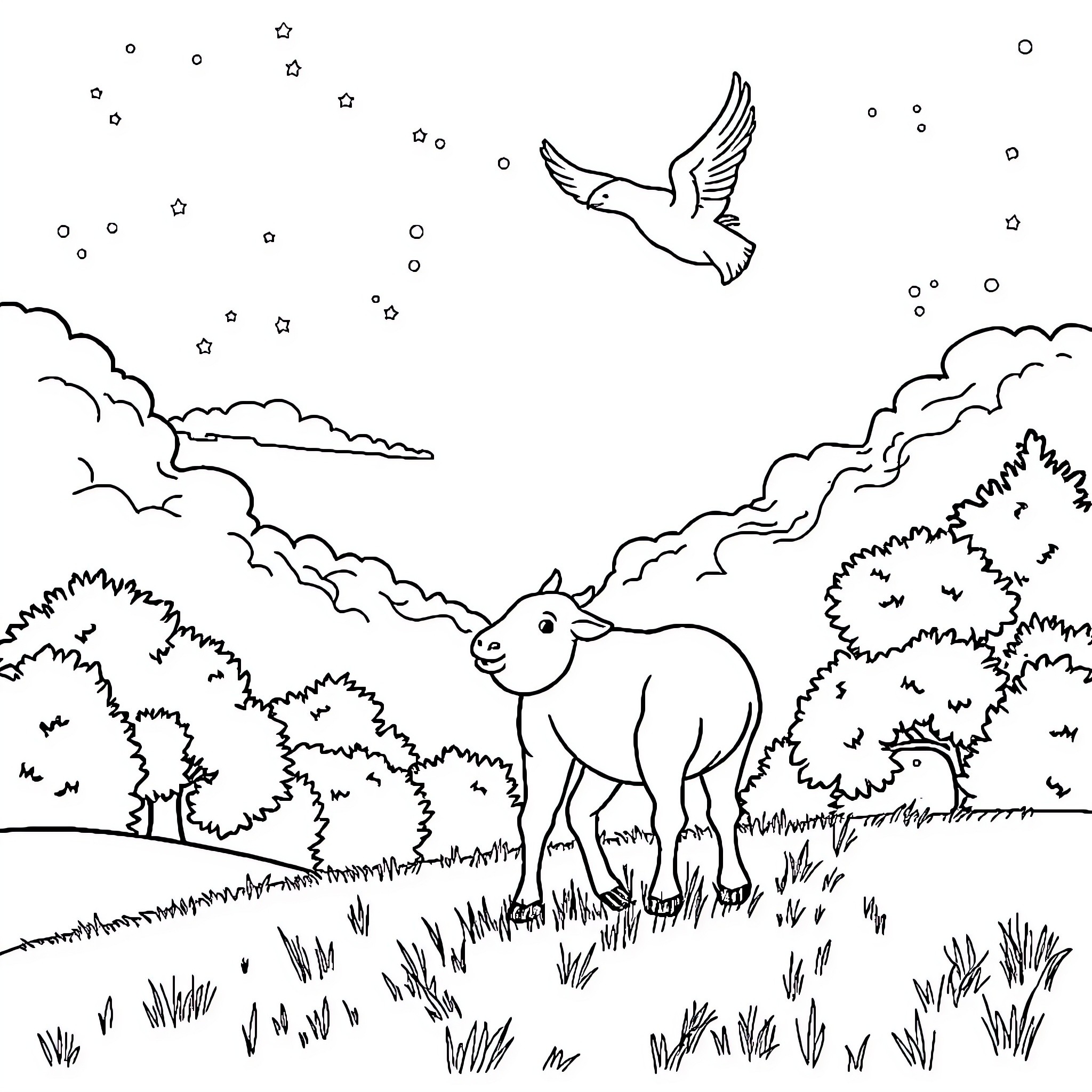 UFO Deer and Dove in Starry Night Sky Coloring Page (free black-and-white line drawing printable PDF for all, from beginners to advanced learners, including children, teens, adults, and seniors)