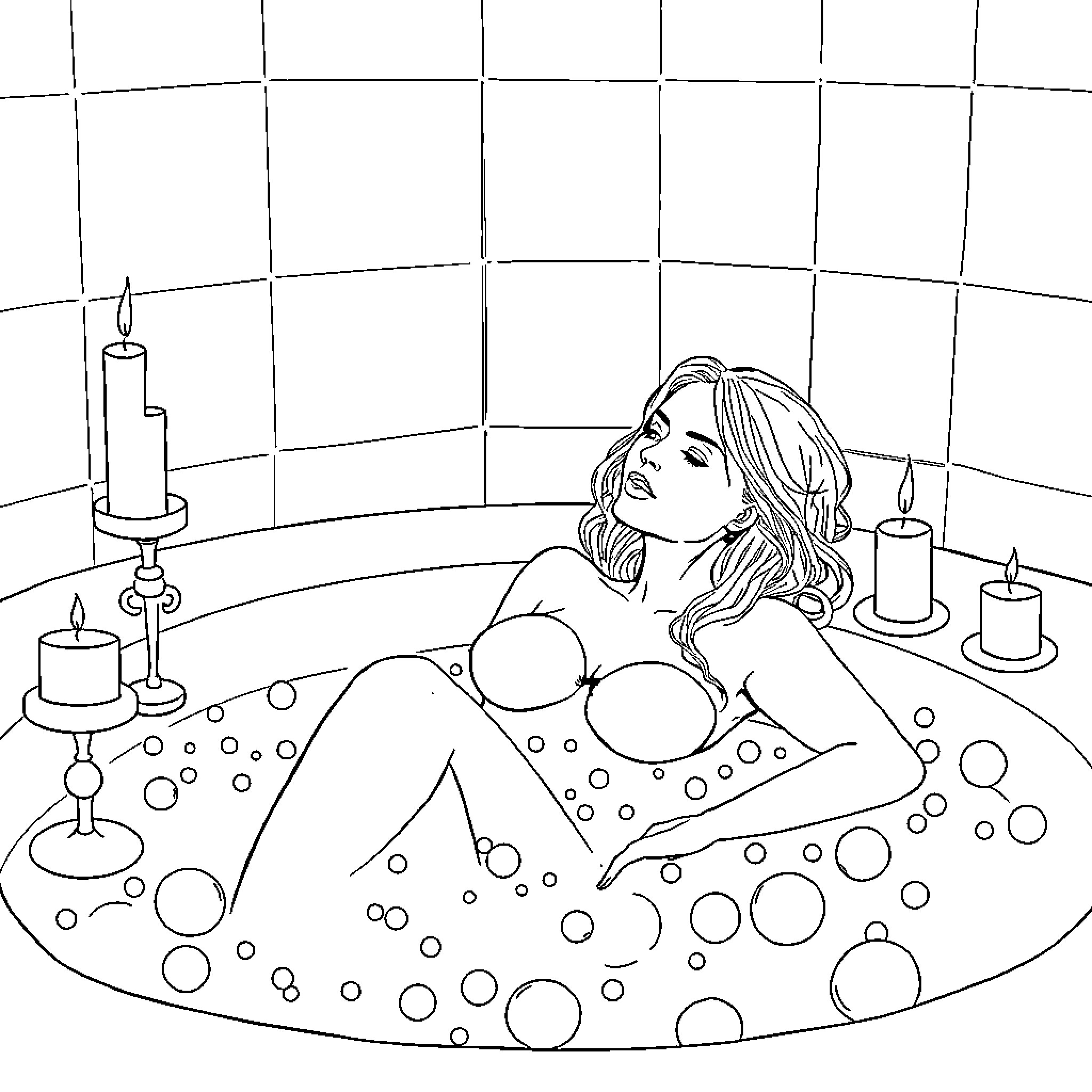 Woman relaxing in a bubble bath Coloring Page (free black-and-white line drawing printable PDF for all, from beginners to advanced learners, including children, teens, adults, and seniors)