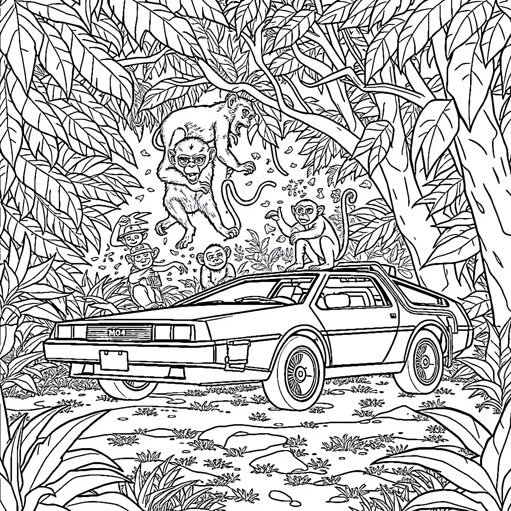 DeLorean in a Lush Jungle Adventure Coloring Page (free black-and-white line drawing printable PDF for all, from beginners to advanced learners, including children, teens, adults, and seniors)