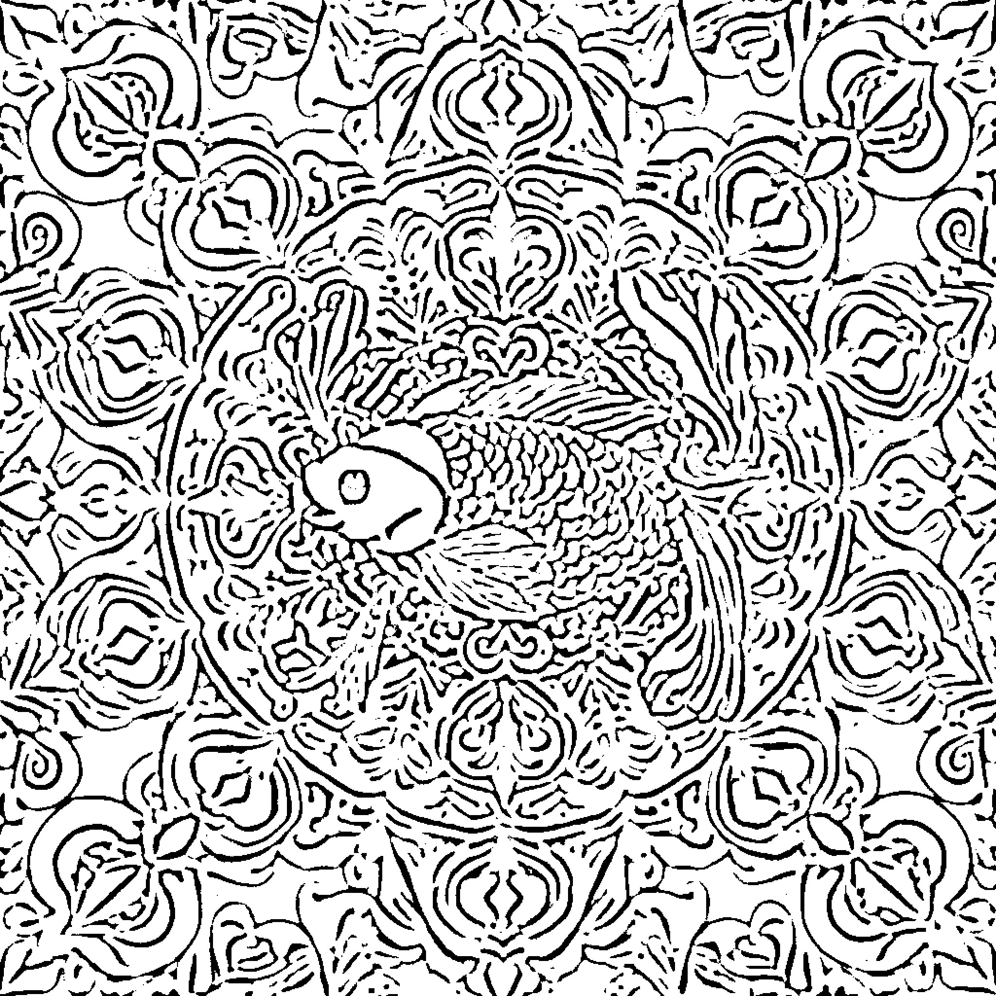 Koi fish among intricate floral patterns Coloring Page (free black-and-white line drawing printable PDF for all, from beginners to advanced learners, including children, teens, adults, and seniors)
