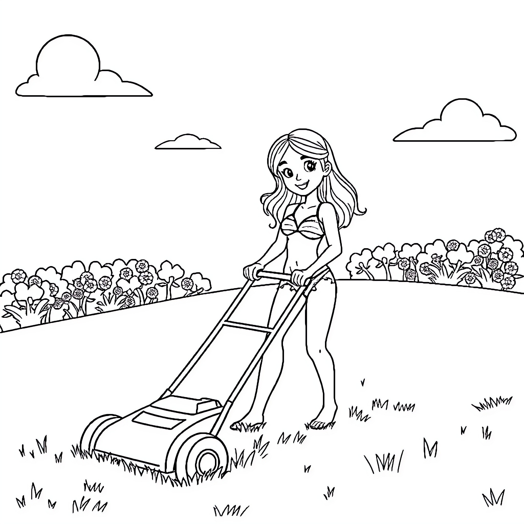 Girl Mowing the Lawn in Flower Garden Coloring Page (free black-and-white line drawing printable PDF for all, from beginners to advanced learners, including children, teens, adults, and seniors)