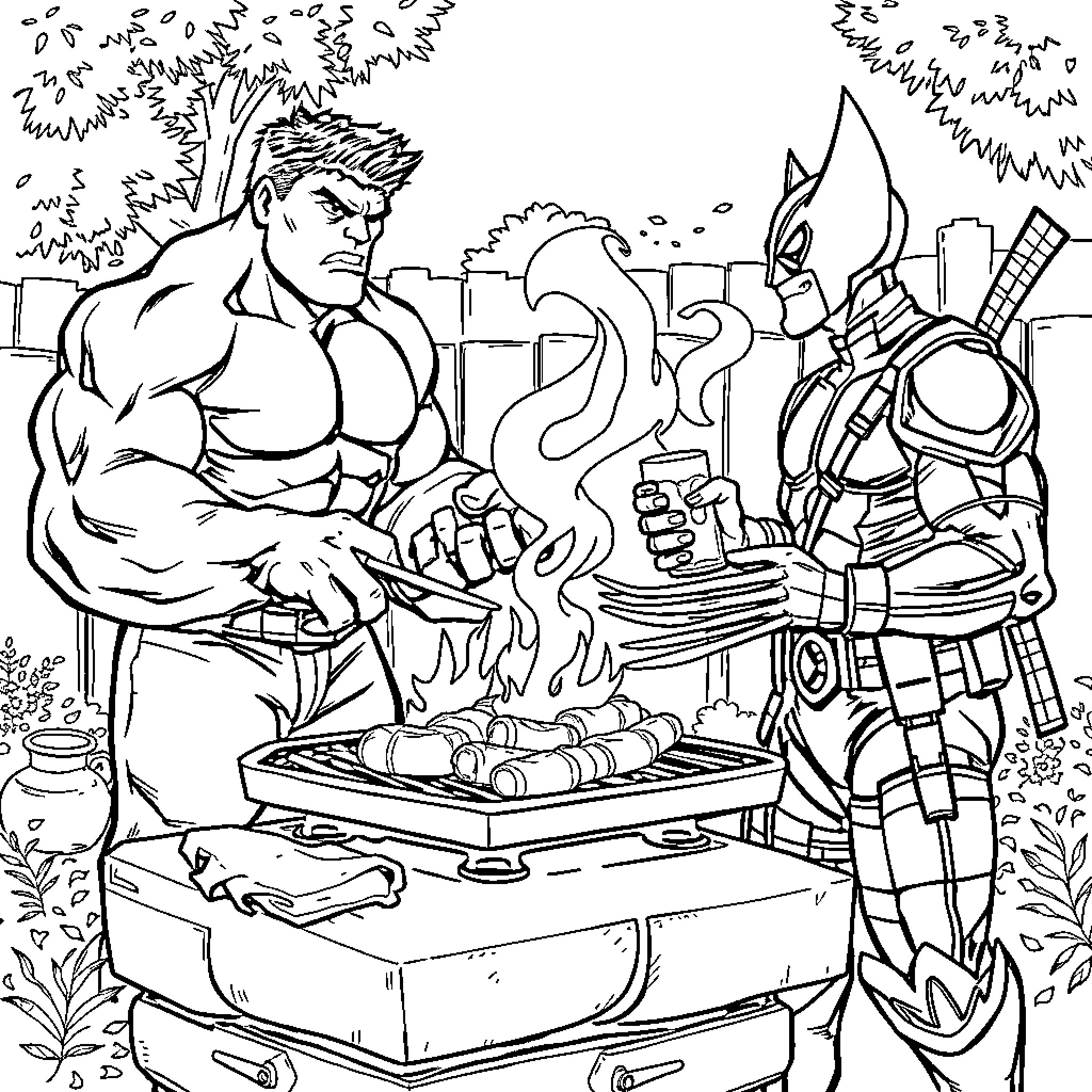 Hulk and Nemesis Engaged in Intense Outdoor Cooking Coloring Page (free black-and-white line drawing printable PDF for all, from beginners to advanced learners, including children, teens, adults, and seniors)