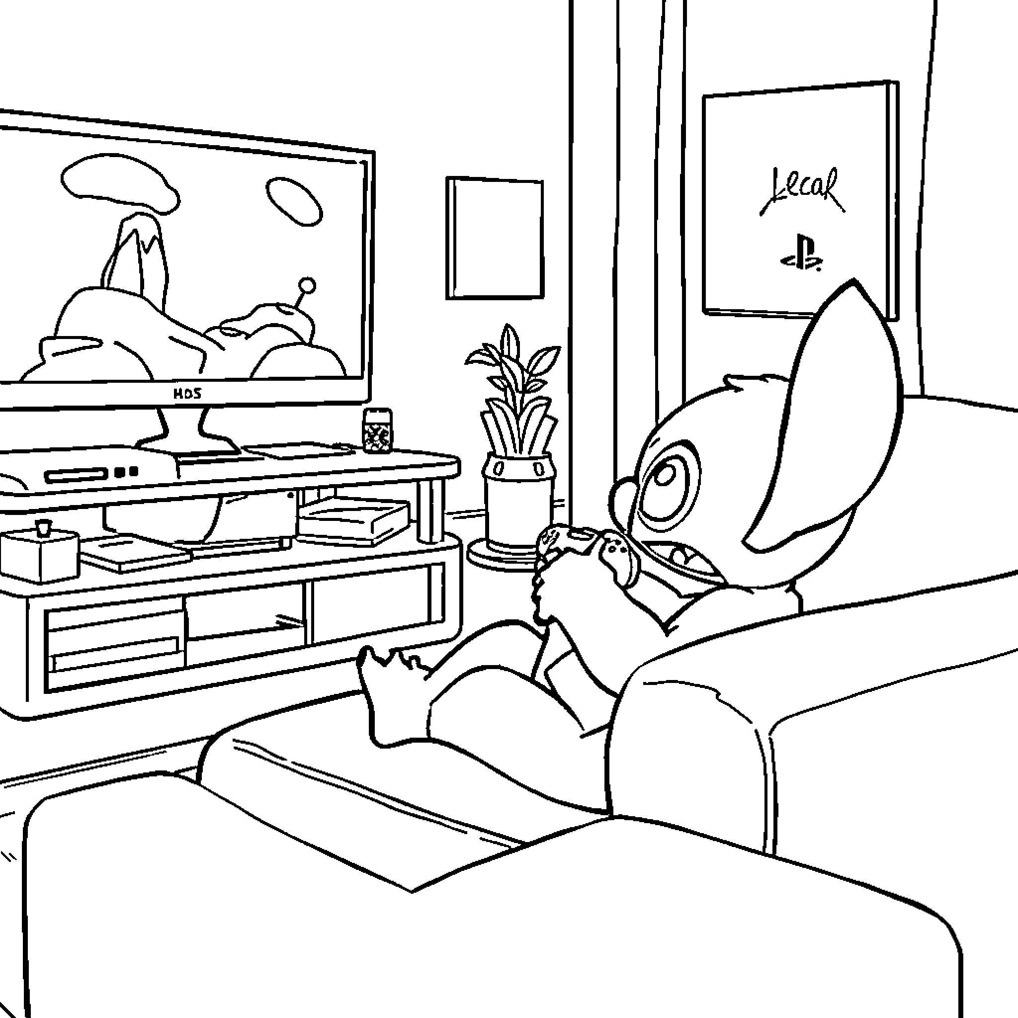 Stitch relaxing and enjoying video games at home Coloring Page (free black-and-white line drawing printable PDF for all, from beginners to advanced learners, including children, teens, adults, and seniors)