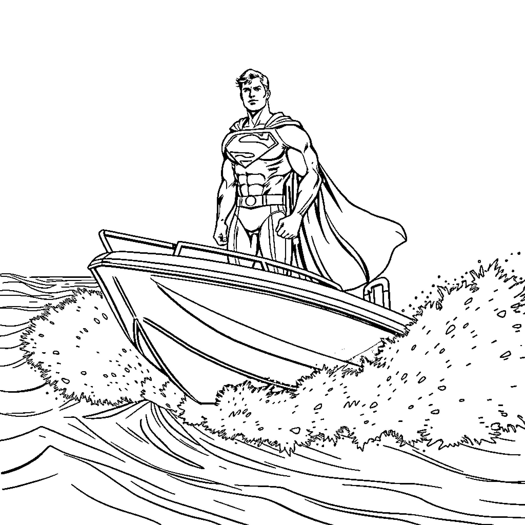 Superman rescuing people from a stormy sea Coloring Page (free black-and-white line drawing printable PDF for all, from beginners to advanced learners, including children, teens, adults, and seniors)